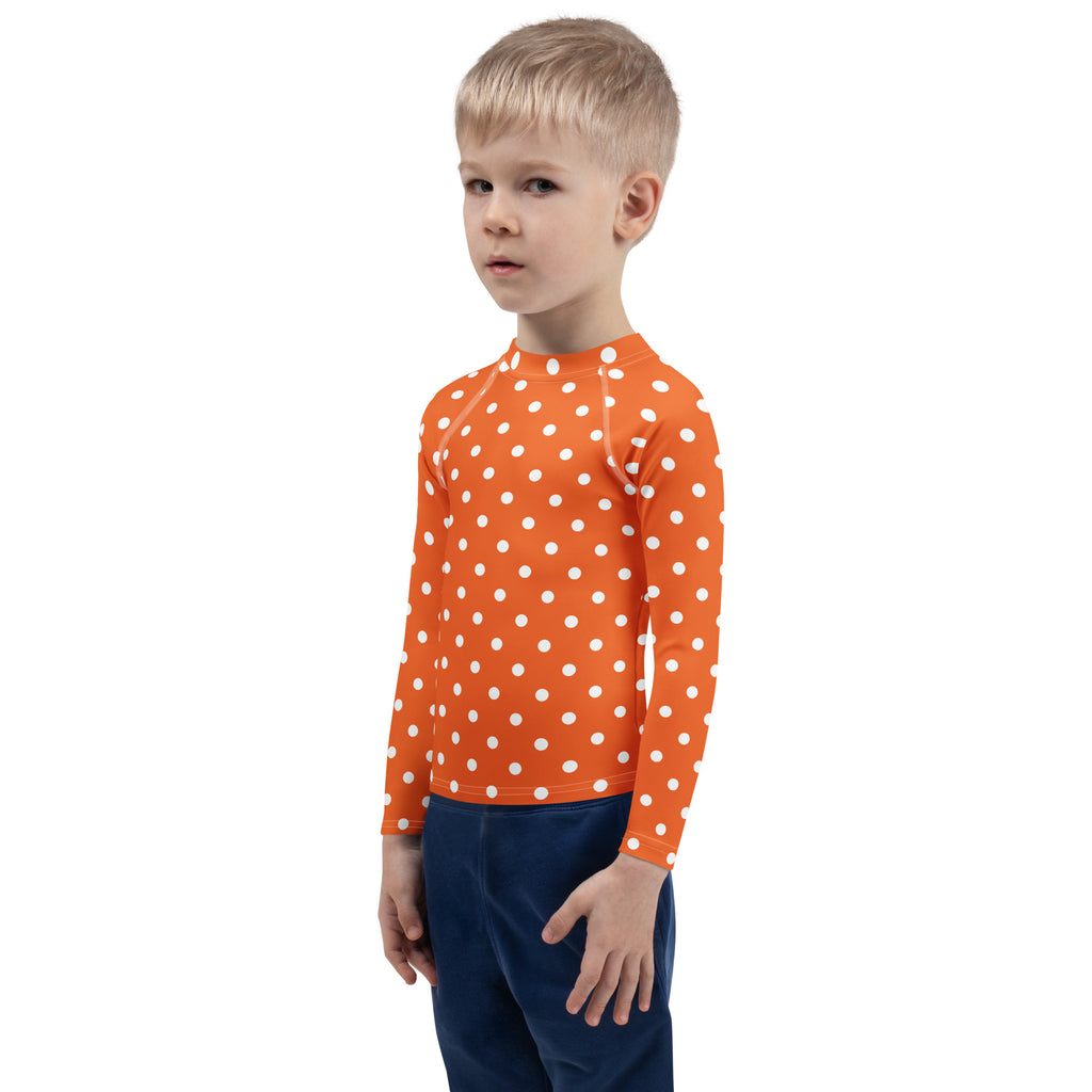 Kids Orange Polka Dot Long Sleeve Rash Guard Swim Shirt – Buttery Soft, Sun Safe UPF 50+ Protection, Quick Dry & 4-Way Stretch Comfort