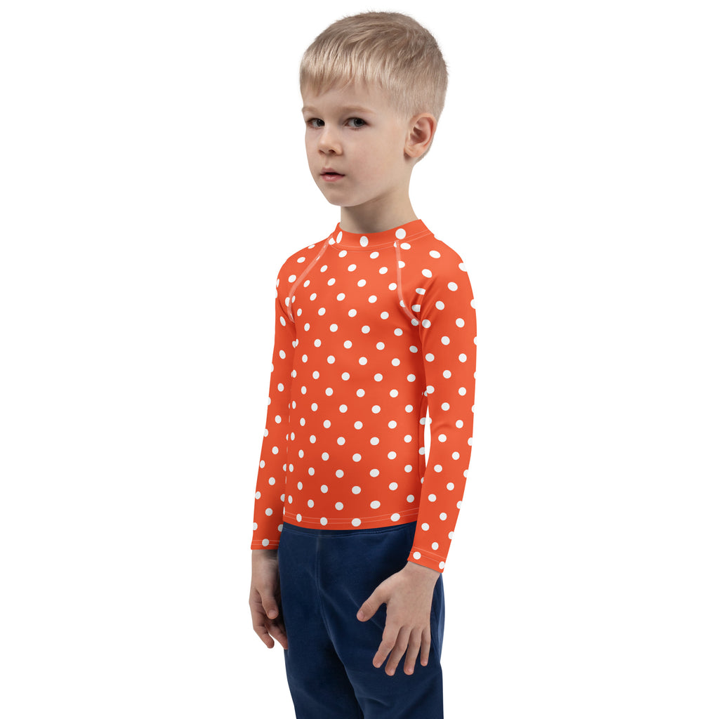 Kids Bright Orange Polka Dot Long Sleeve Rash Guard Swim Shirt – Buttery Soft, Sun Safe UPF 50+ Protection, Quick Dry & 4-Way Stretch Comfort
