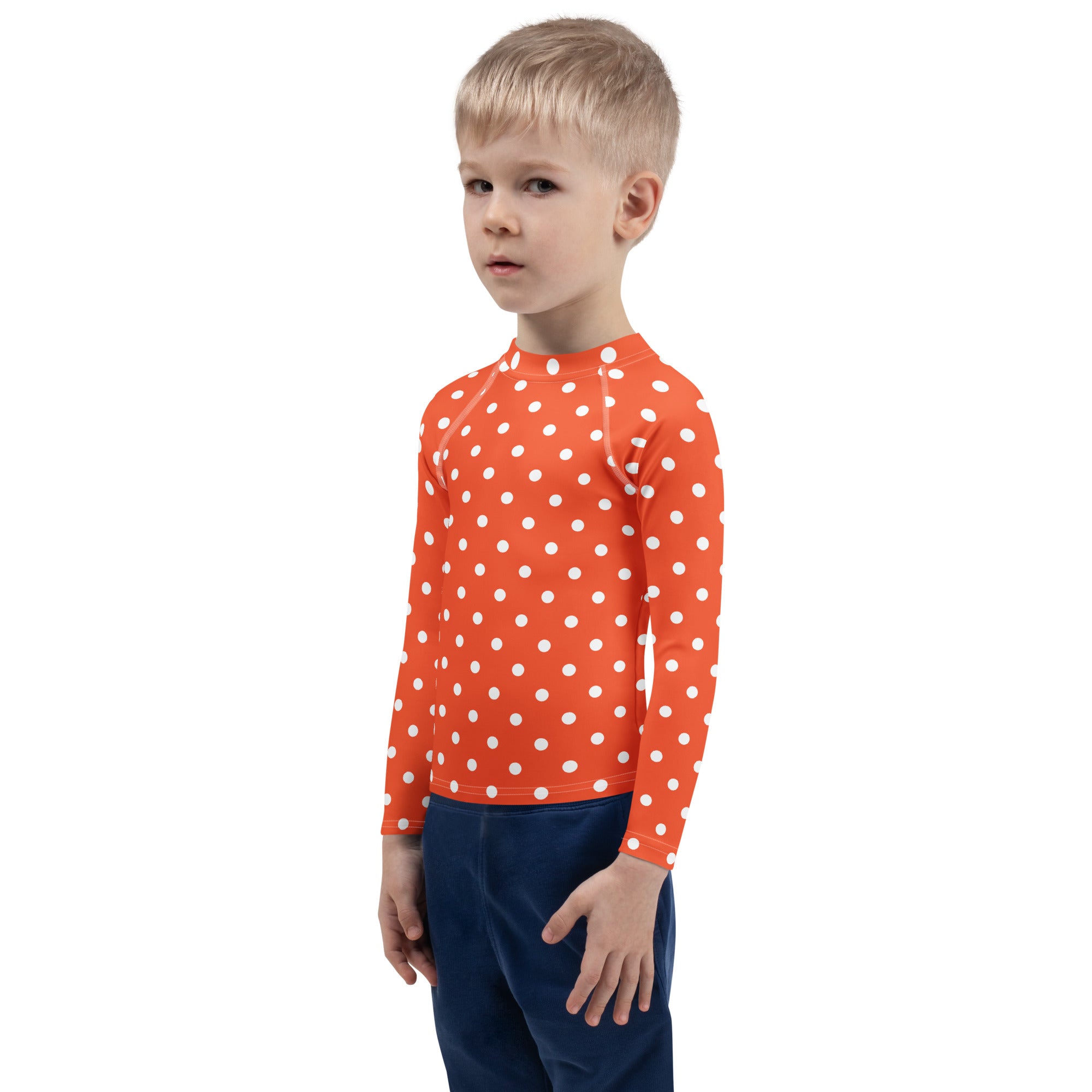 Kids Bright Orange Polka Dot Long Sleeve Rash Guard Swim Shirt – Buttery Soft, Sun Safe UPF 50+ Protection, Quick Dry & 4-Way Stretch Comfort