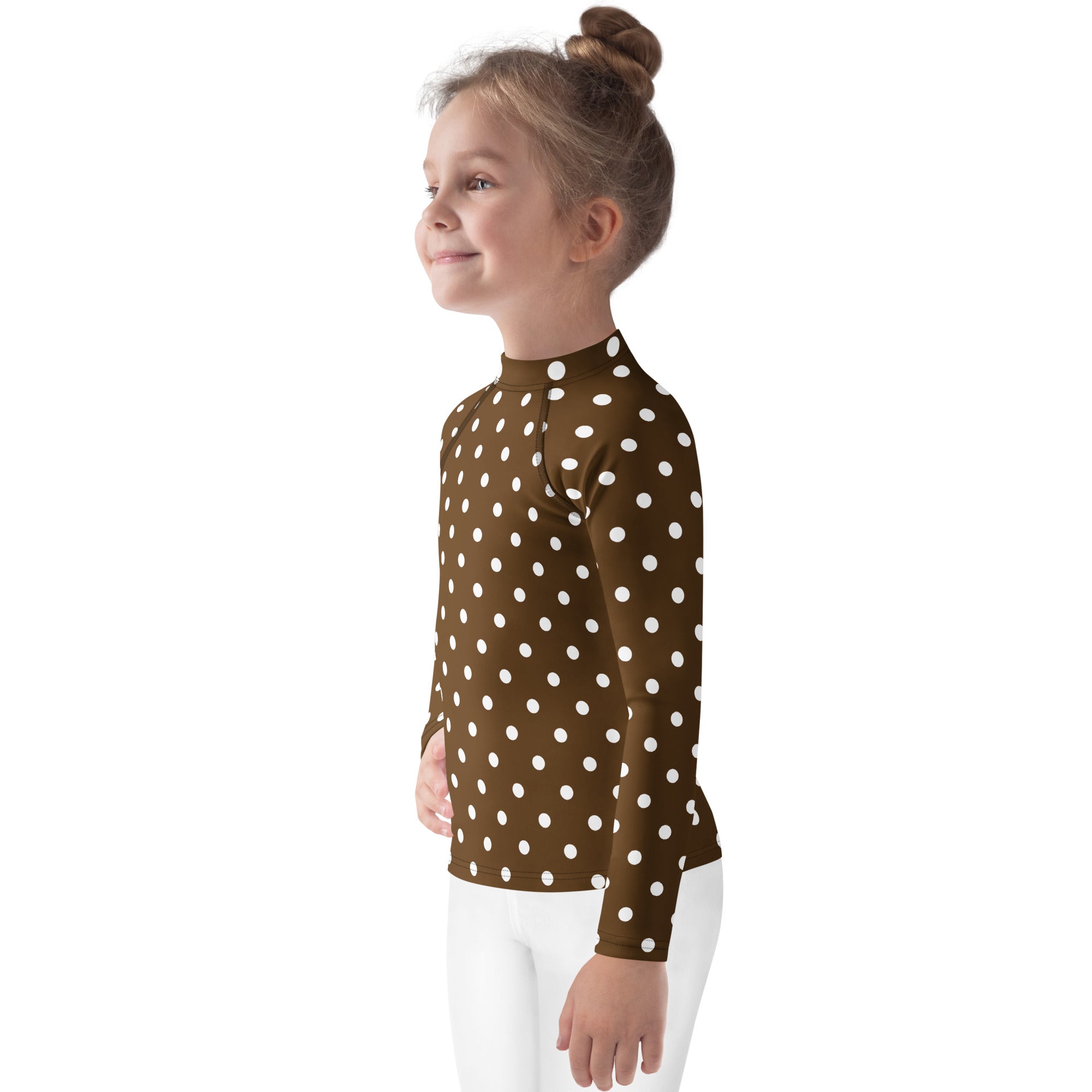 Kids Brown Polka Dot Long Sleeve Rash Guard Swim Shirt – Buttery Soft, Sun Safe UPF 50+ Protection, Quick Dry & 4-Way Stretch Comfort