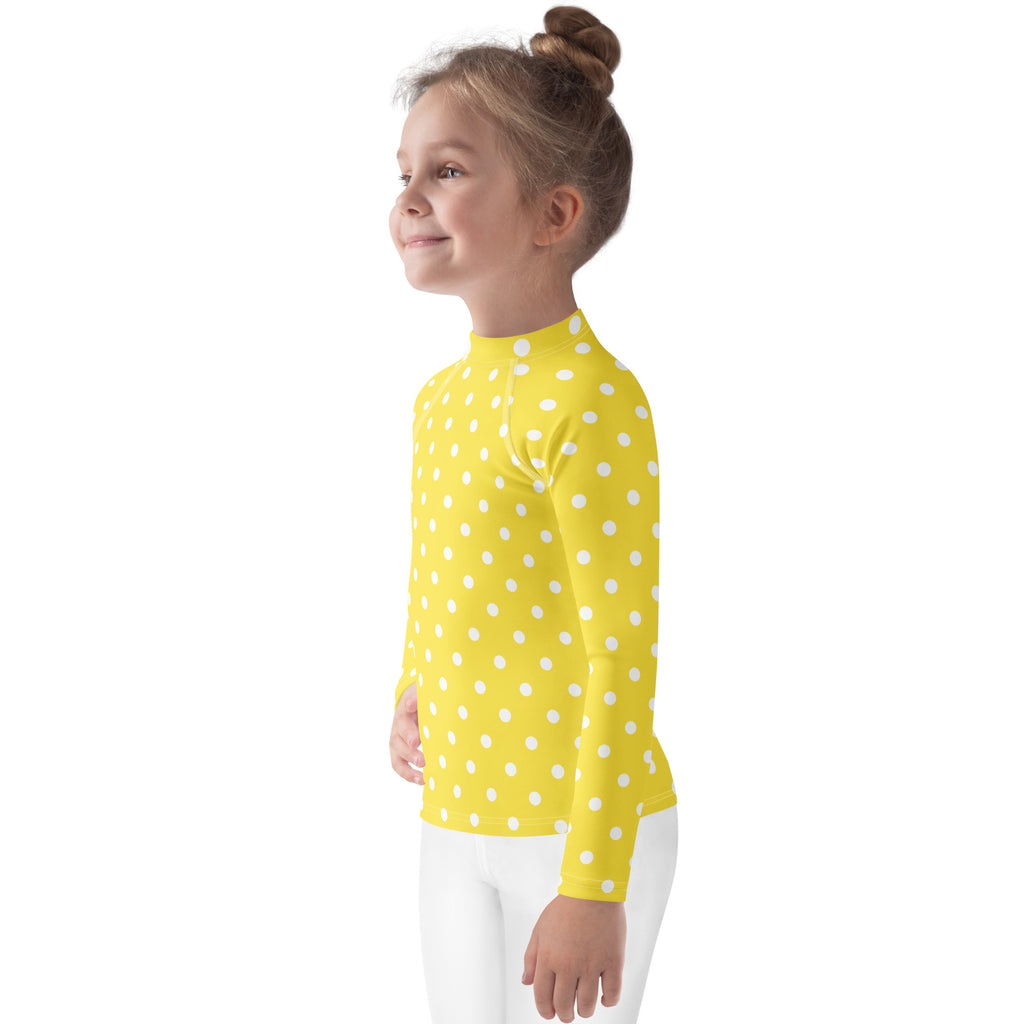 Kids Yellow Polka Dot Long Sleeve Rash Guard Swim Shirt – Buttery Soft, Sun Safe UPF 50+ Protection, Quick Dry & 4-Way Stretch Comfort