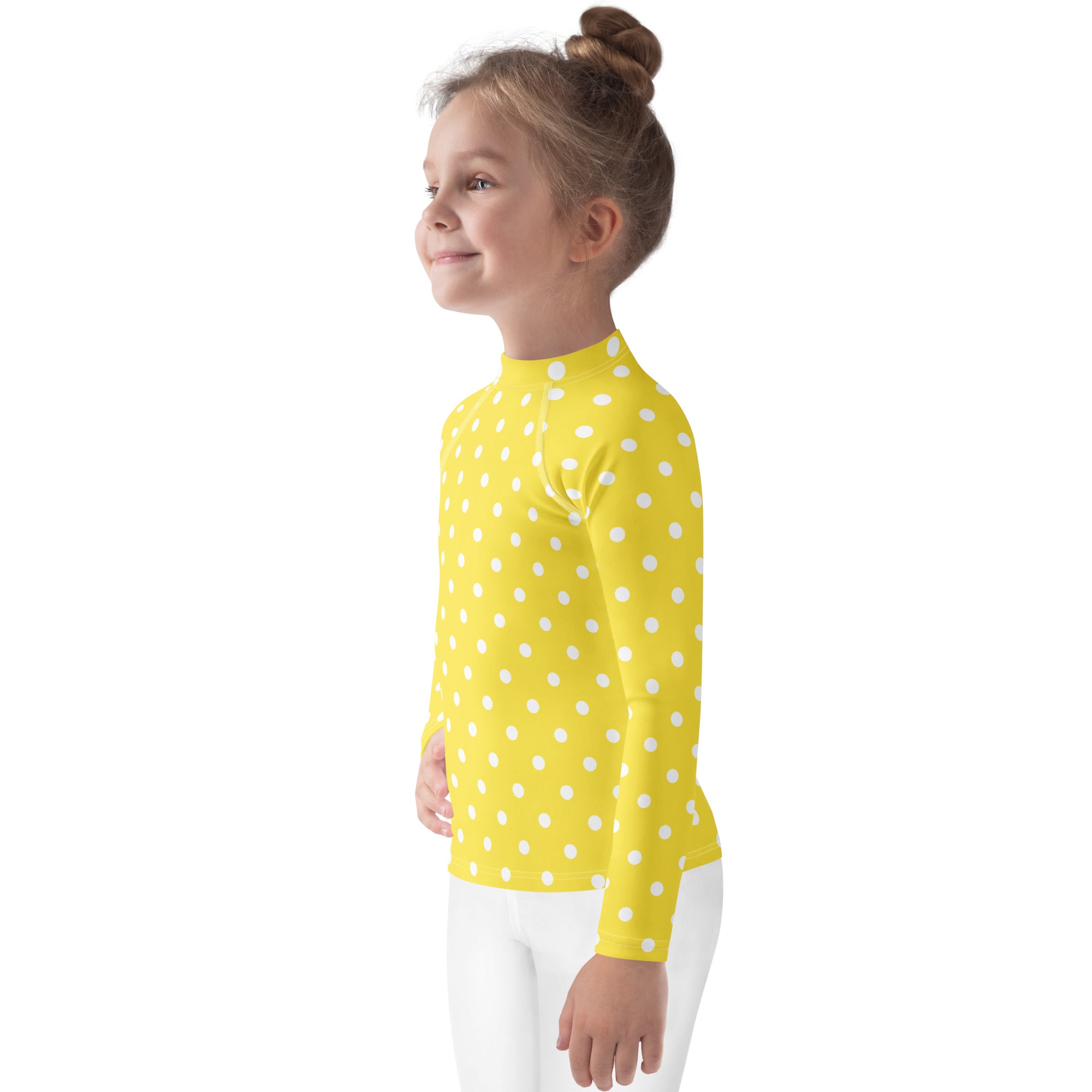 Kids Yellow Polka Dot Long Sleeve Rash Guard Swim Shirt – Buttery Soft, Sun Safe UPF 50+ Protection, Quick Dry & 4-Way Stretch Comfort