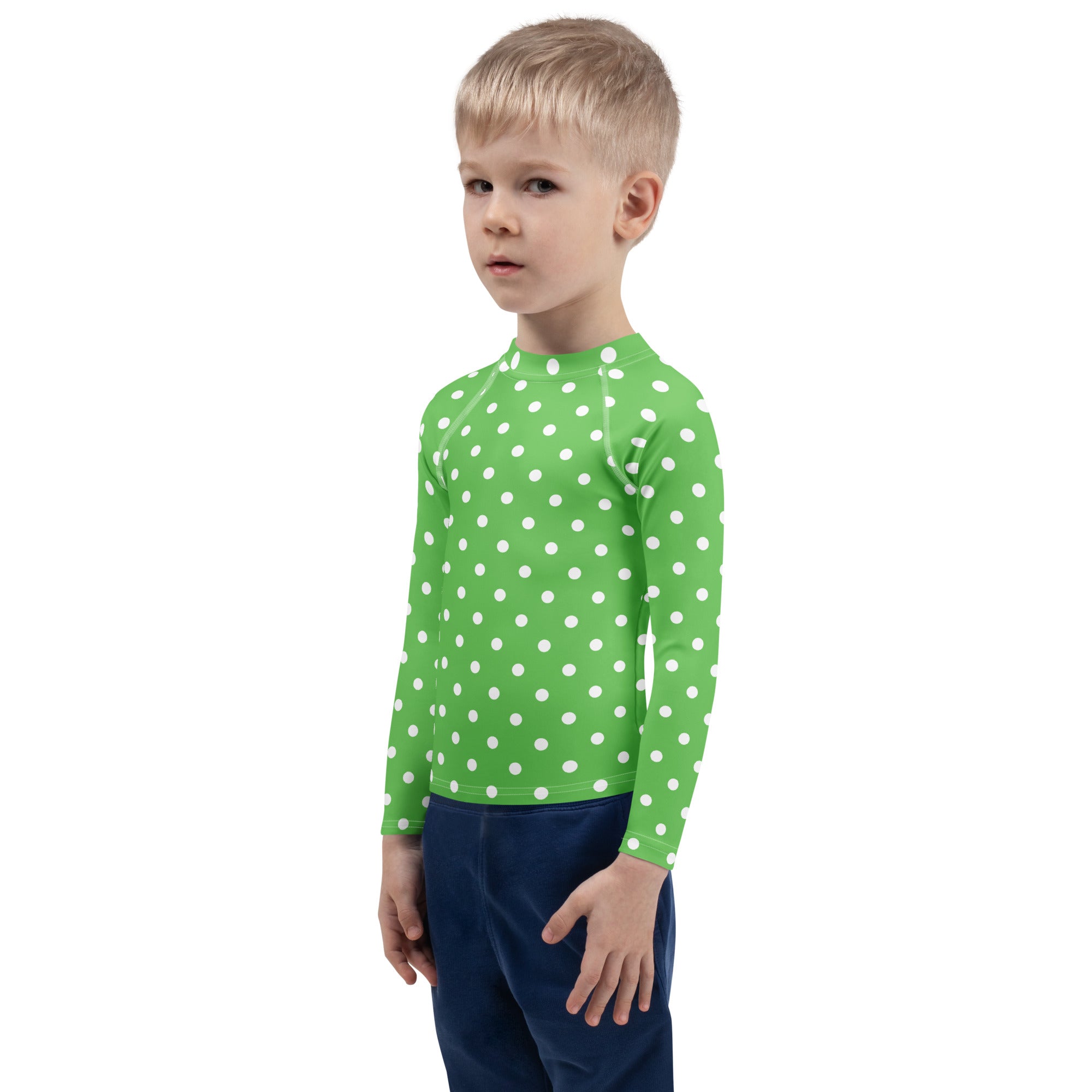 Kids Green Polka Dot Long Sleeve Rash Guard Swim Shirt – Buttery Soft, Sun Safe UPF 50+ Protection, Quick Dry & 4-Way Stretch Comfort