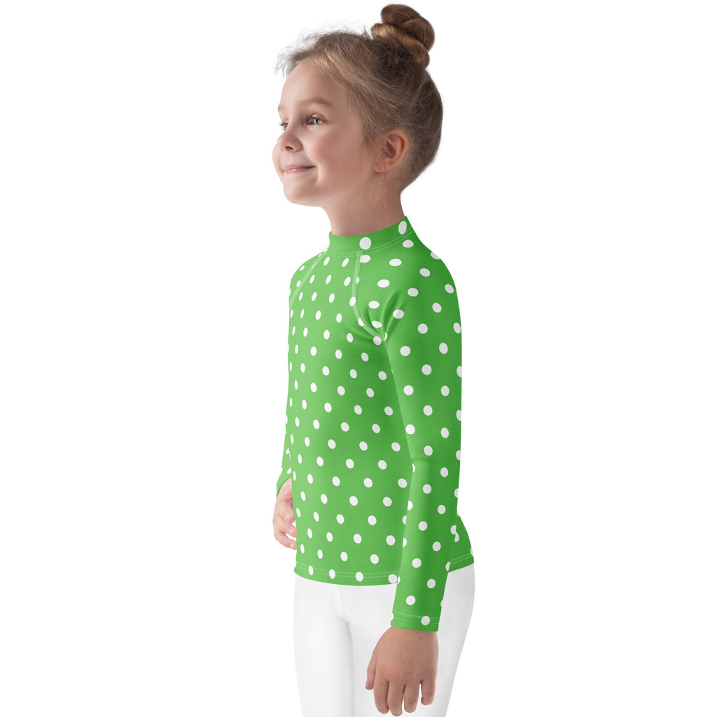 Kids Green Polka Dot Long Sleeve Rash Guard Swim Shirt – Buttery Soft, Sun Safe UPF 50+ Protection, Quick Dry & 4-Way Stretch Comfort