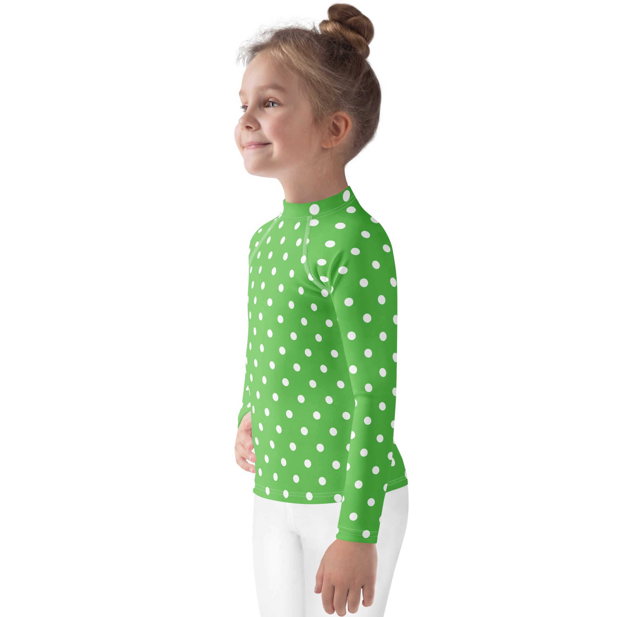 Kids Green Polka Dot Long Sleeve Rash Guard Swim Shirt – Buttery Soft, Sun Safe UPF 50+ Protection, Quick Dry & 4-Way Stretch Comfort