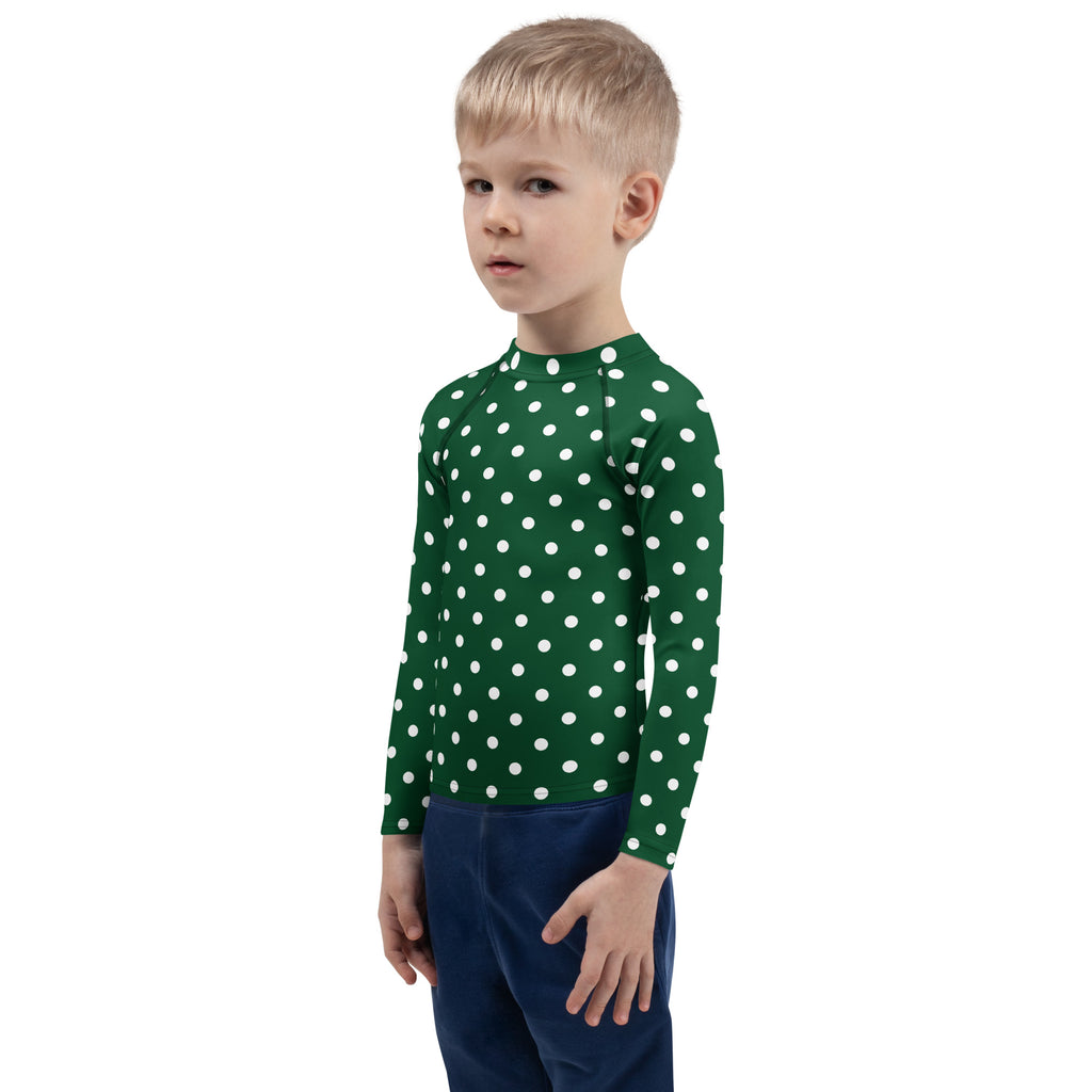 Kids Dark Green Polka Dot Long Sleeve Rash Guard Swim Shirt – Buttery Soft, Sun Safe UPF 50+ Protection, Quick Dry & 4-Way Stretch Comfort
