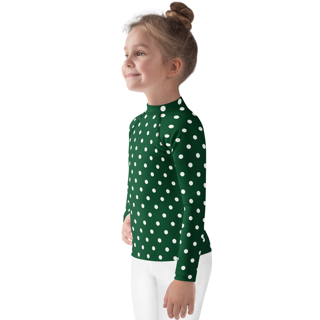 Kids Dark Green Polka Dot Long Sleeve Rash Guard Swim Shirt – Buttery Soft, Sun Safe UPF 50+ Protection, Quick Dry & 4-Way Stretch Comfort