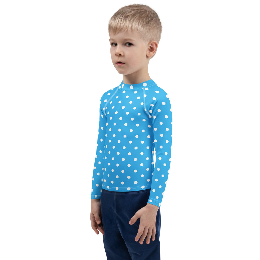 Kids Light Blue Polka Dot Long Sleeve Rash Guard Swim Shirt – Buttery Soft, Sun Safe UPF 50+ Protection, Quick Dry & 4-Way Stretch Comfort