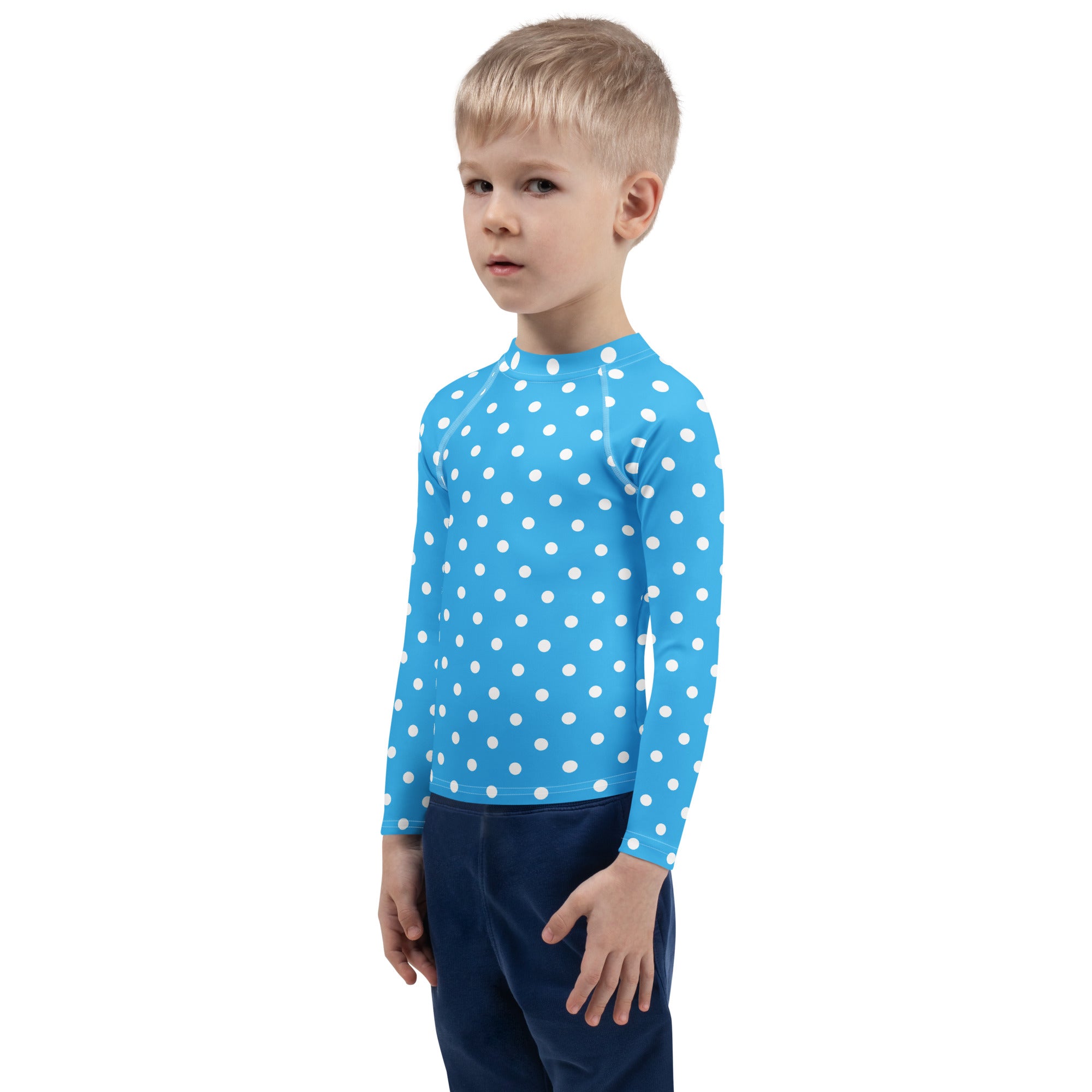 Kids Light Blue Polka Dot Long Sleeve Rash Guard Swim Shirt – Buttery Soft, Sun Safe UPF 50+ Protection, Quick Dry & 4-Way Stretch Comfort