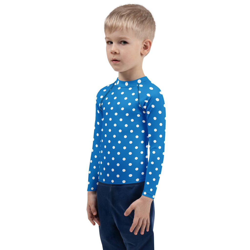 Kids Royal Blue Polka Dot Long Sleeve Rash Guard Swim Shirt – Buttery Soft, Sun Safe UPF 50+ Protection, Quick Dry & 4-Way Stretch Comfort