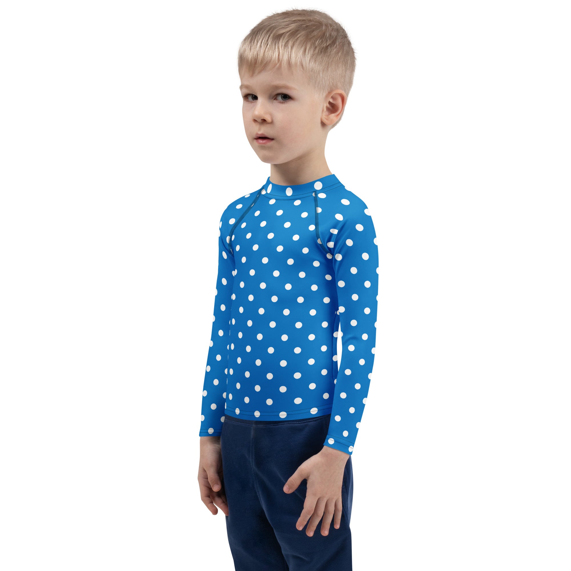 Kids Royal Blue Polka Dot Long Sleeve Rash Guard Swim Shirt – Buttery Soft, Sun Safe UPF 50+ Protection, Quick Dry & 4-Way Stretch Comfort