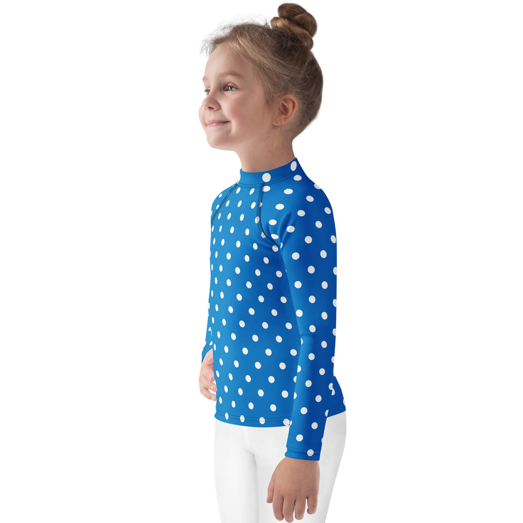 Kids Royal Blue Polka Dot Long Sleeve Rash Guard Swim Shirt – Buttery Soft, Sun Safe UPF 50+ Protection, Quick Dry & 4-Way Stretch Comfort