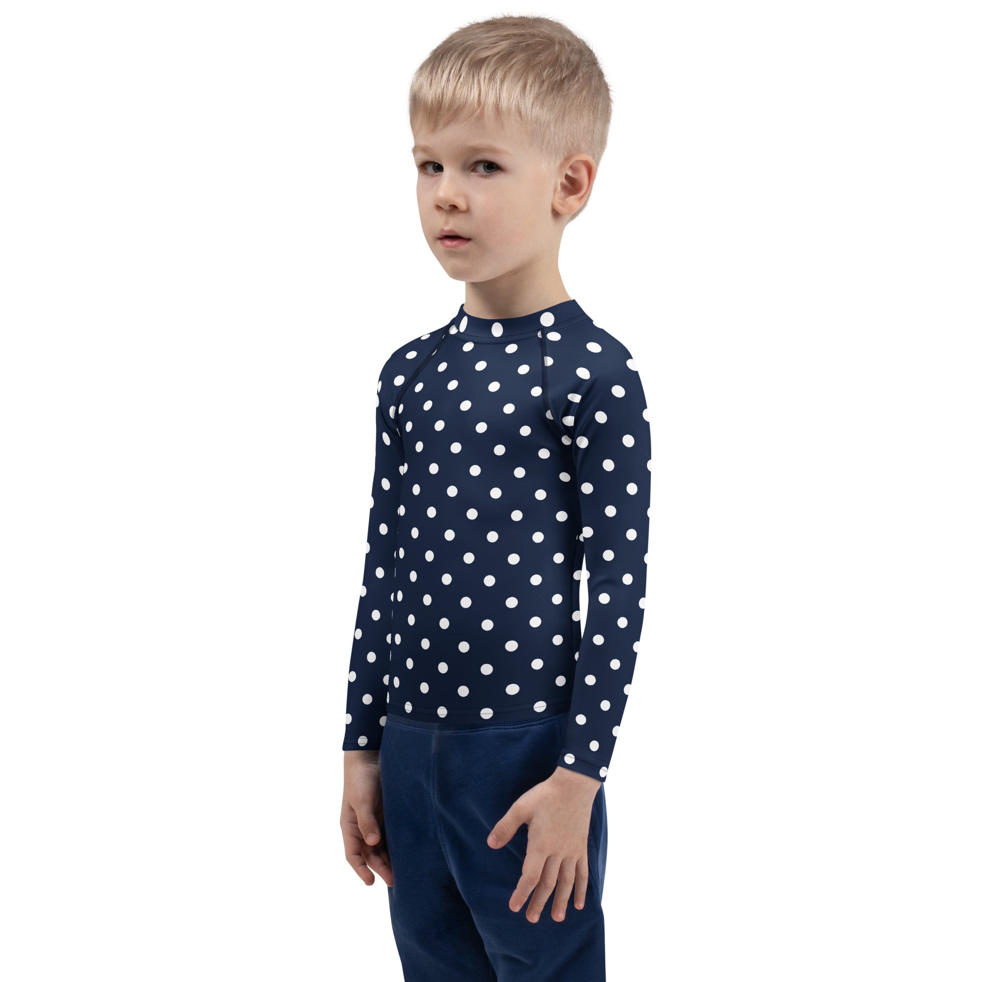 Kids Navy Blue Polka Dot Long Sleeve Rash Guard Swim Shirt – Buttery Soft, Sun Safe UPF 50+ Protection, Quick Dry & 4-Way Stretch Comfort