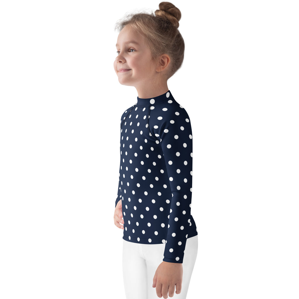 Kids Navy Blue Polka Dot Long Sleeve Rash Guard Swim Shirt – Buttery Soft, Sun Safe UPF 50+ Protection, Quick Dry & 4-Way Stretch Comfort