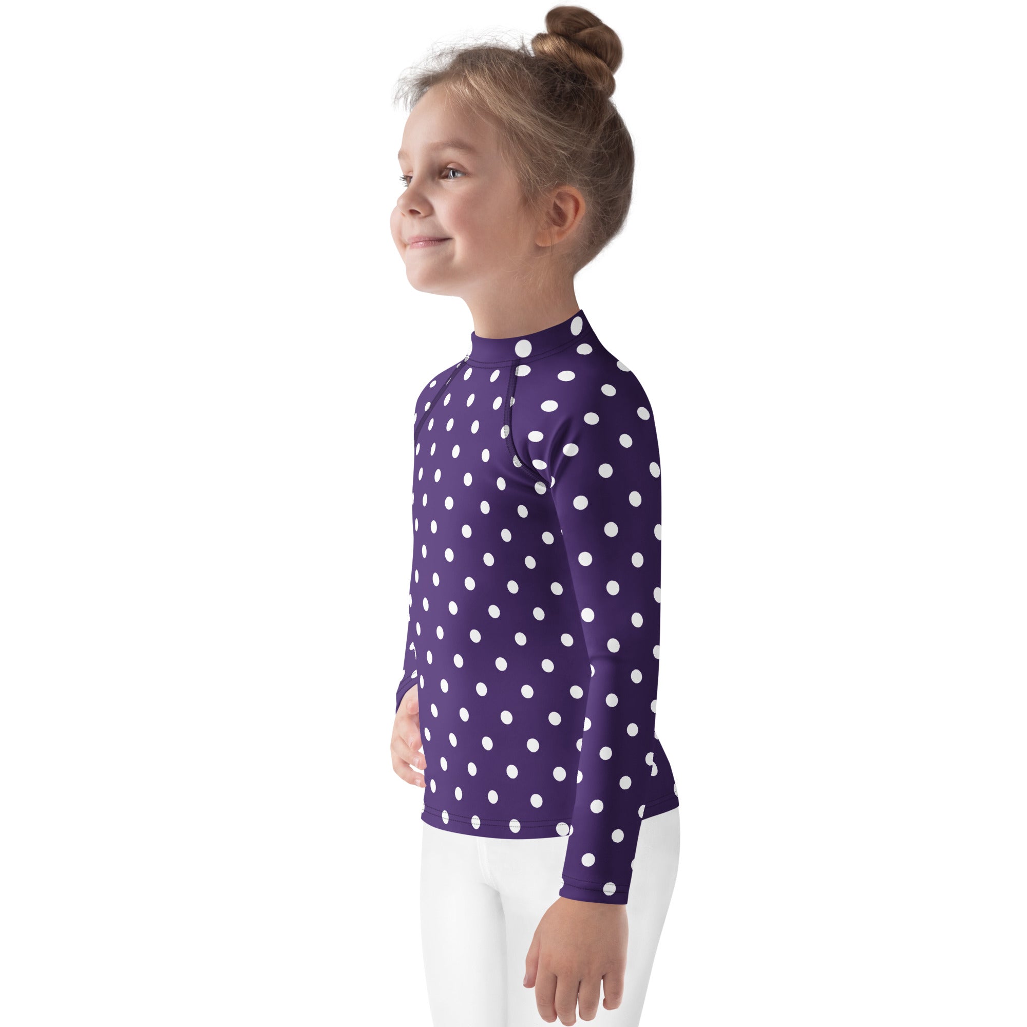 Girls Dark Purple Polka Dot Long Sleeve Rash Guard Swim Shirt – Buttery Soft, Sun Safe UPF 50+ Protection, Quick Dry & 4-Way Stretch Comfort