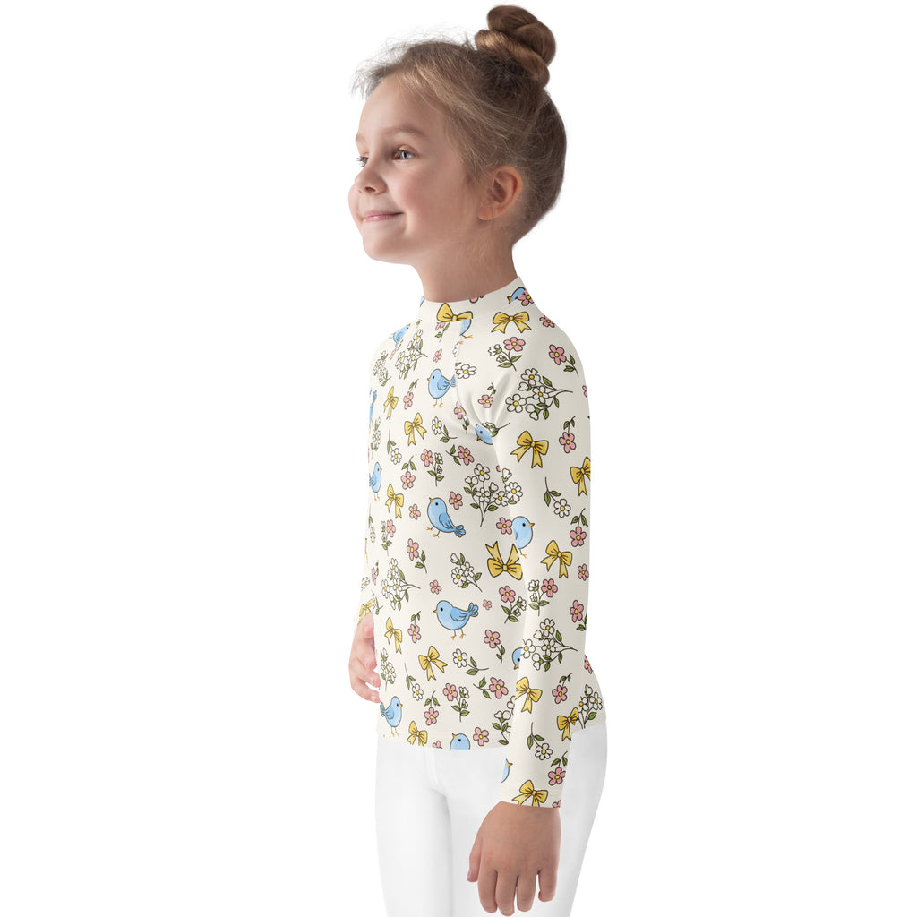 Kids Blue Bird Floral Long Sleeve Rash Guard Swim Shirt – Buttery Soft, Sun Safe UPF 50+ Protection, Quick Dry & 4-Way Stretch Comfort