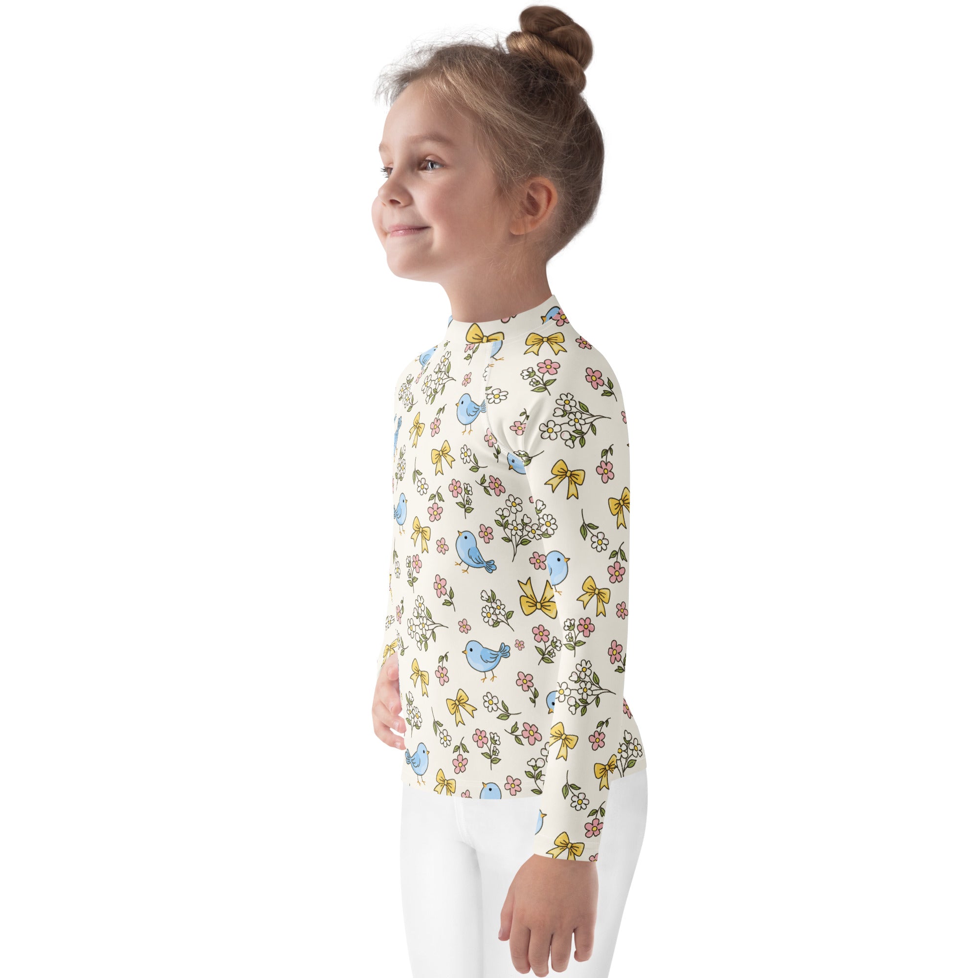 Kids Blue Bird Floral Long Sleeve Rash Guard Swim Shirt – Buttery Soft, Sun Safe UPF 50+ Protection, Quick Dry & 4-Way Stretch Comfort