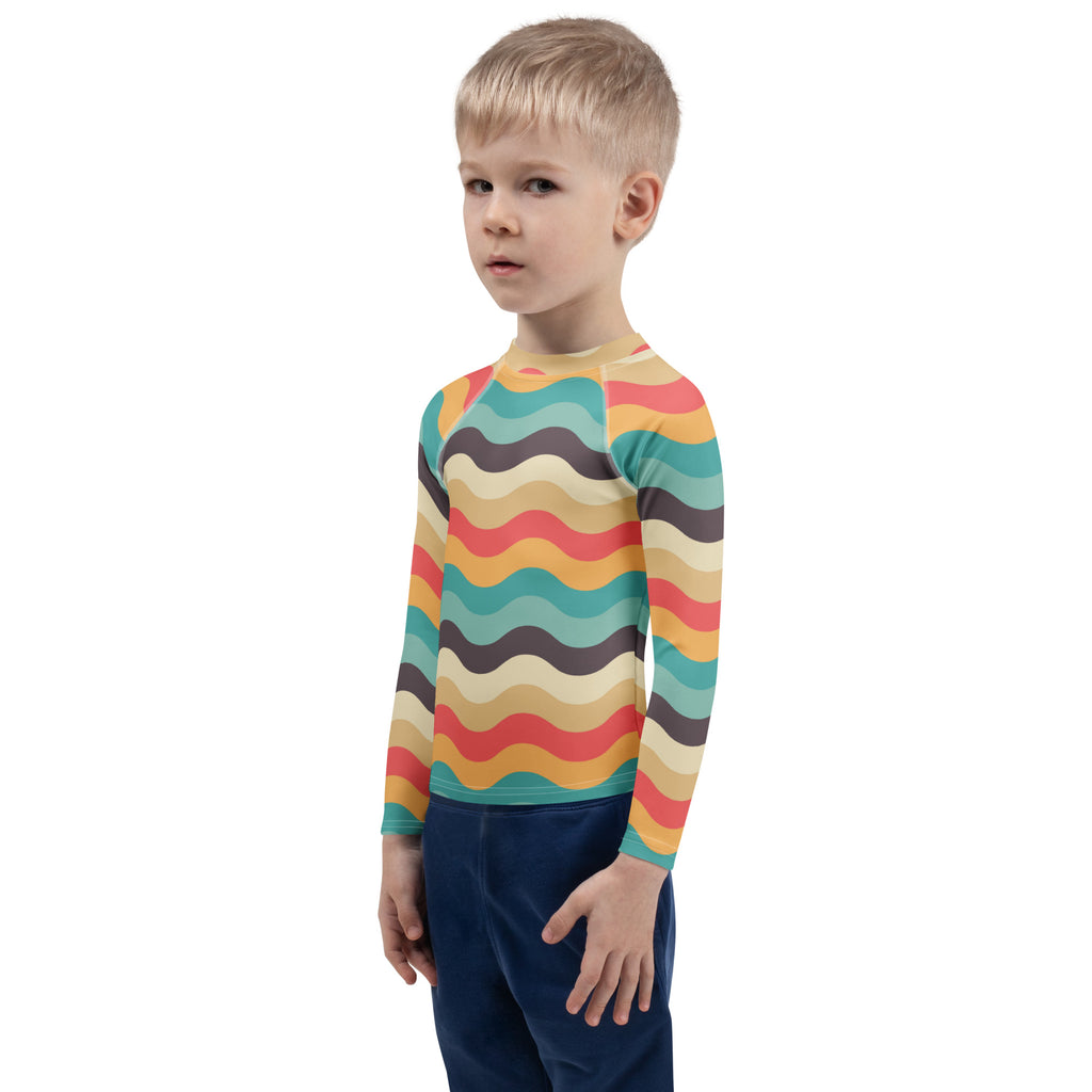 Kids Retro Beach Waves Long Sleeve Rash Guard Swim Shirt – Buttery Soft, Sun Safe UPF 50+ Protection, Quick Dry & 4-Way Stretch Comfort