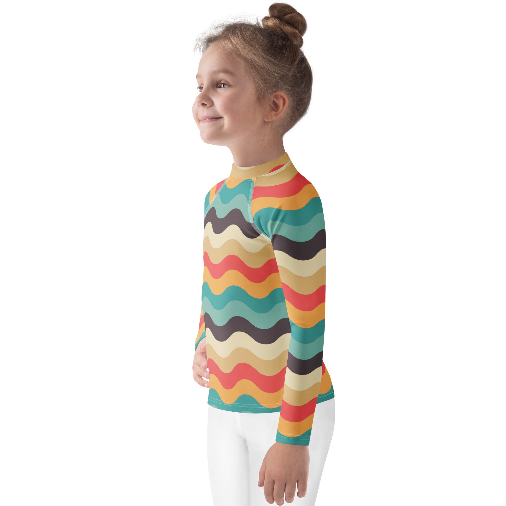 Kids Retro Beach Waves Long Sleeve Rash Guard Swim Shirt – Buttery Soft, Sun Safe UPF 50+ Protection, Quick Dry & 4-Way Stretch Comfort