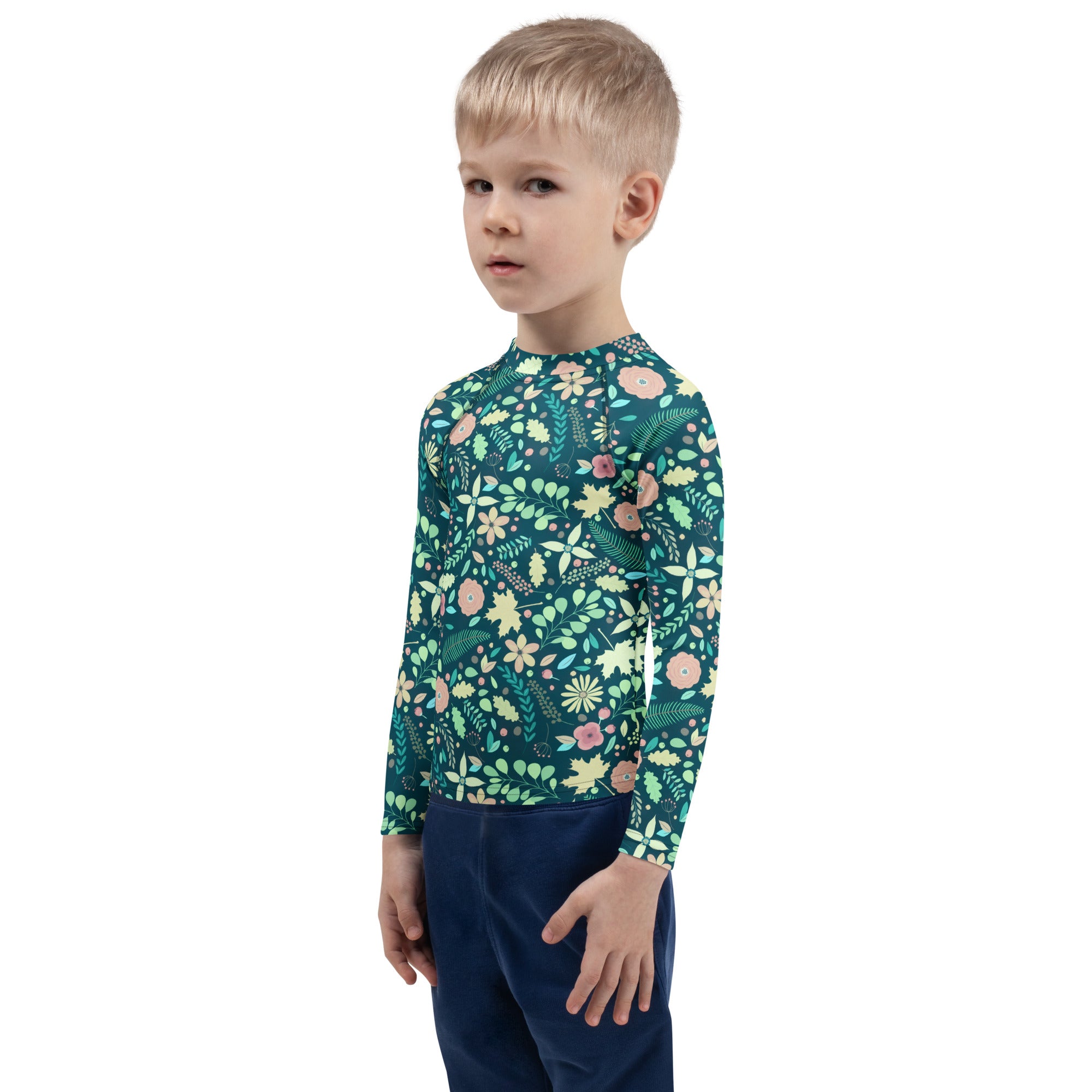 Kids Tropical Green Wildflower Garden Long Sleeve Rash Guard Swim Shirt – Buttery Soft, Sun Safe UPF 50+ Protection, Quick Dry & 4-Way Stretch Comfort
