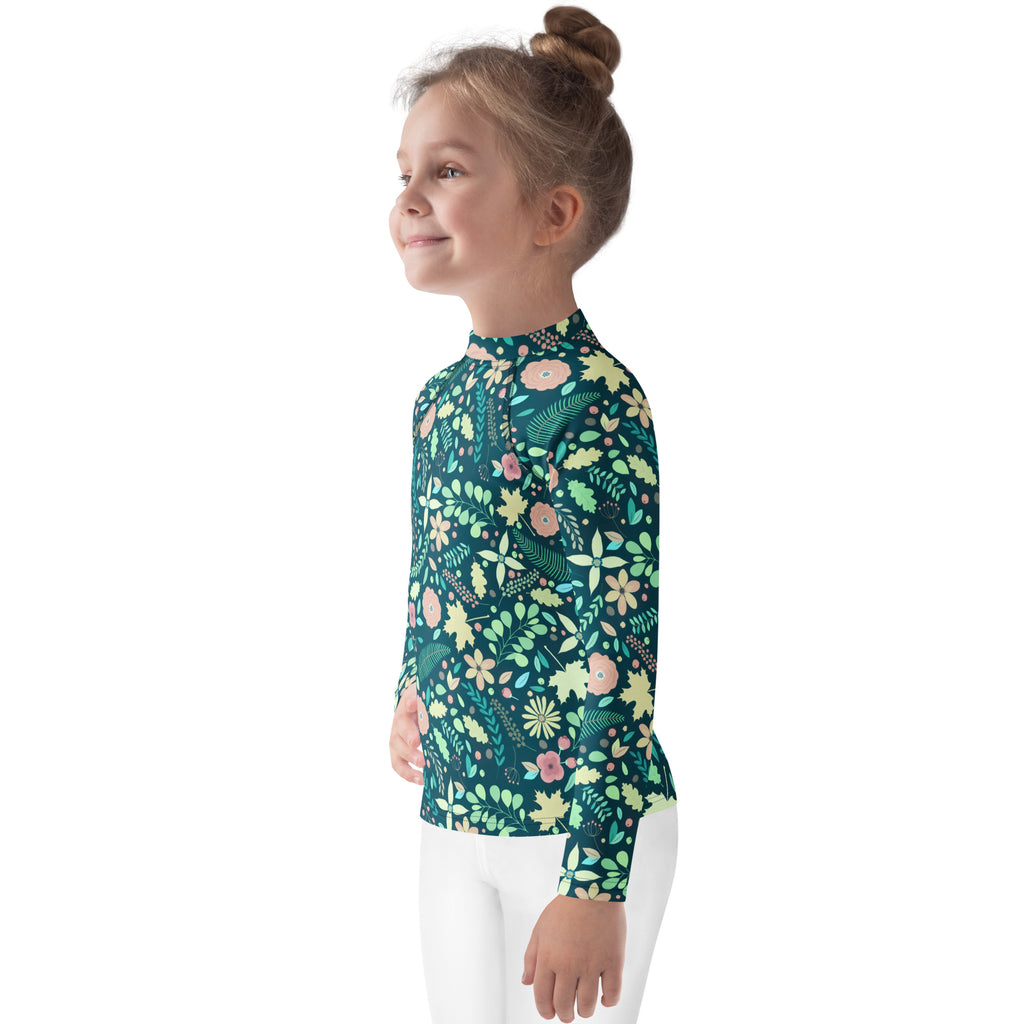 Kids Tropical Green Wildflower Garden Long Sleeve Rash Guard Swim Shirt – Buttery Soft, Sun Safe UPF 50+ Protection, Quick Dry & 4-Way Stretch Comfort