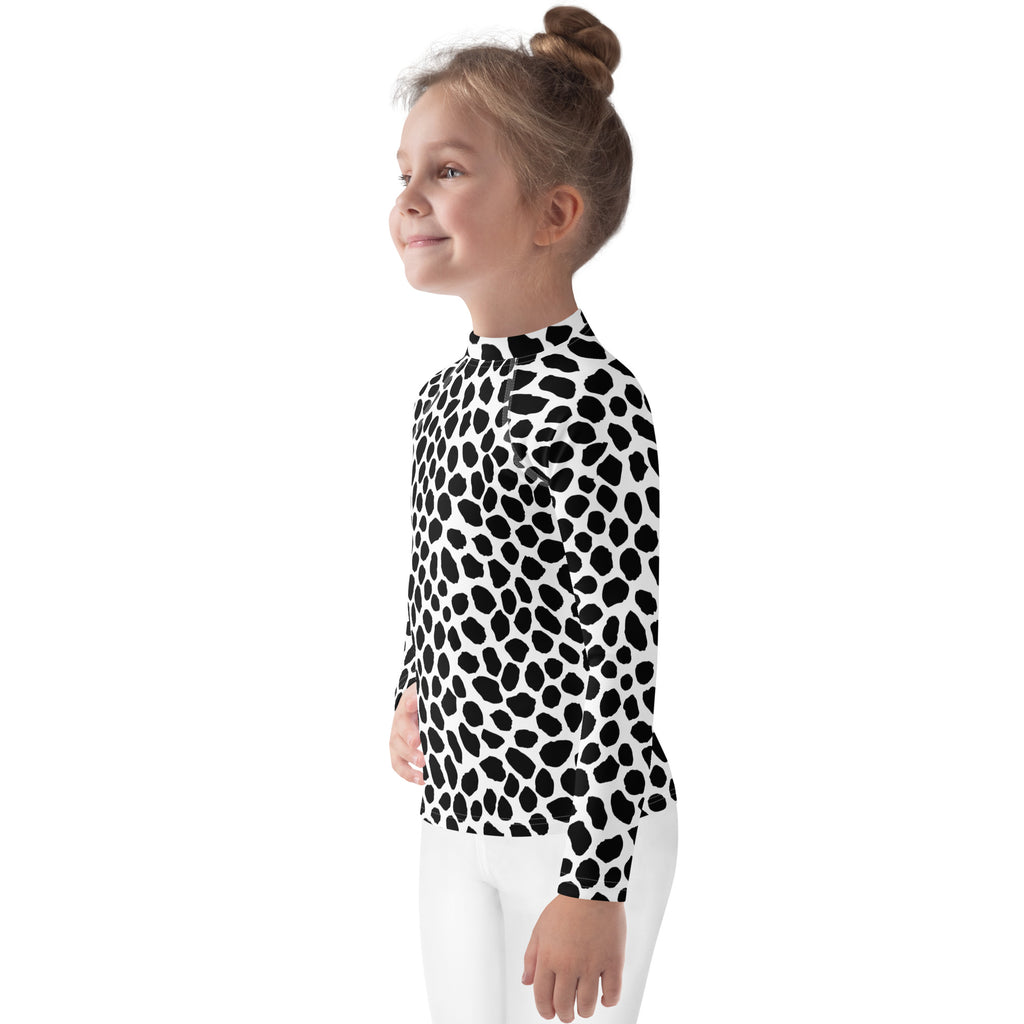 Kids Black & White Dalmatian Print Long Sleeve Rash Guard Swim Shirt – Buttery Soft, Sun Safe UPF 50+ Protection, Quick Dry & 4-Way Stretch Comfort