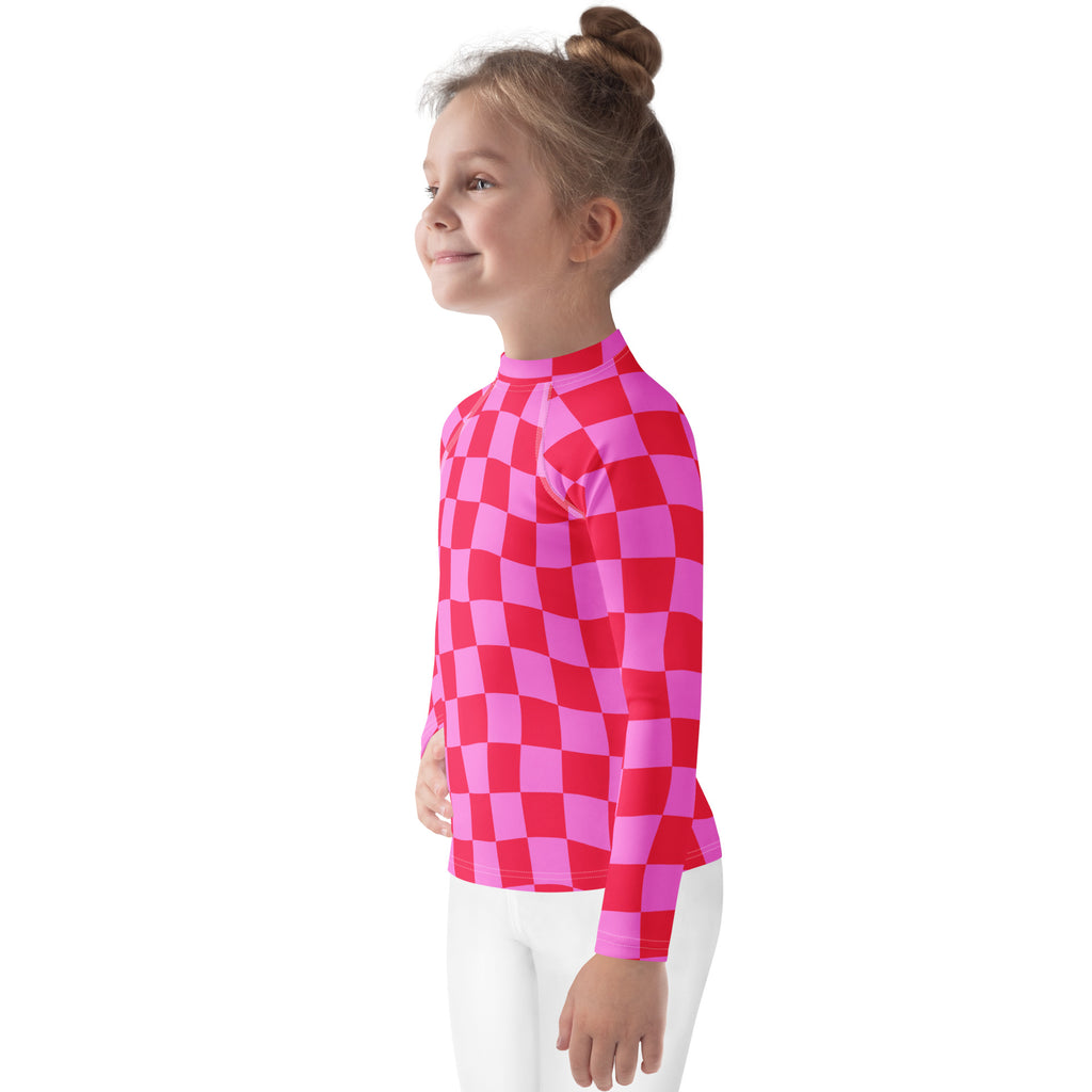 Girls Pink Checkerboard Long Sleeve Rash Guard Swim Shirt – Buttery Soft, Sun Safe UPF 50+ Protection, Quick Dry & 4-Way Stretch Comfort