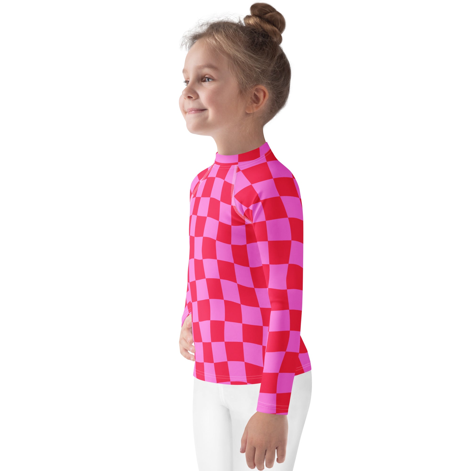 Girls Pink Checkerboard Long Sleeve Rash Guard Swim Shirt – Buttery Soft, Sun Safe UPF 50+ Protection, Quick Dry & 4-Way Stretch Comfort