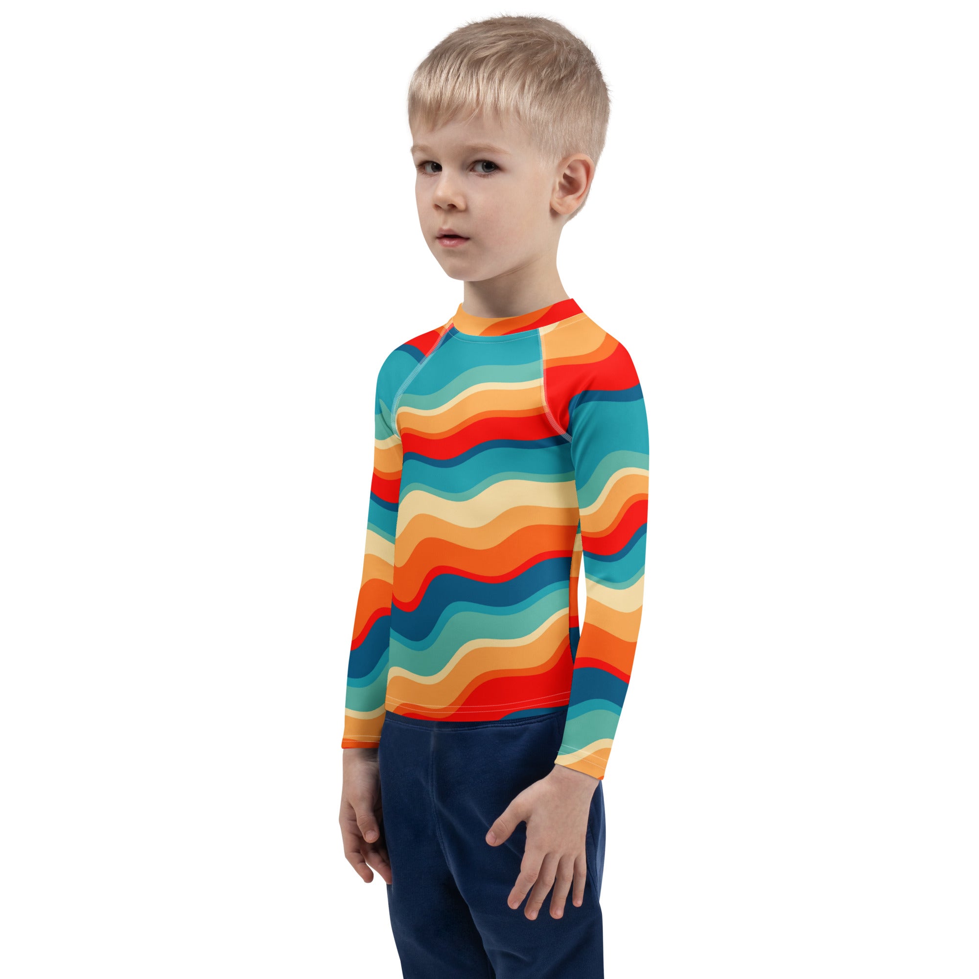 Kids Retro Sunset Waves Long Sleeve Rash Guard Swim Shirt – Buttery Soft, Sun Safe UPF 50+ Protection, Quick Dry & 4-Way Stretch Comfort