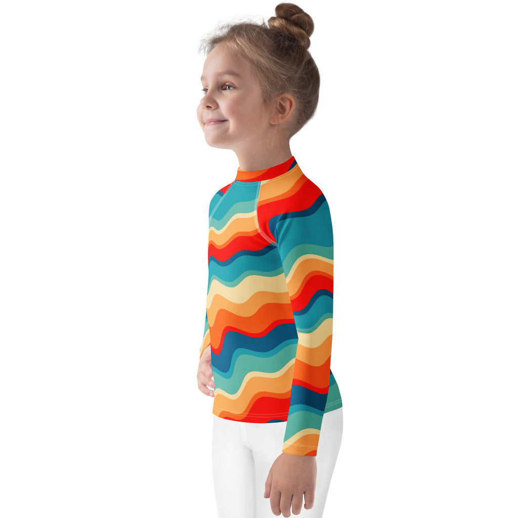 Kids Retro Sunset Waves Long Sleeve Rash Guard Swim Shirt – Buttery Soft, Sun Safe UPF 50+ Protection, Quick Dry & 4-Way Stretch Comfort
