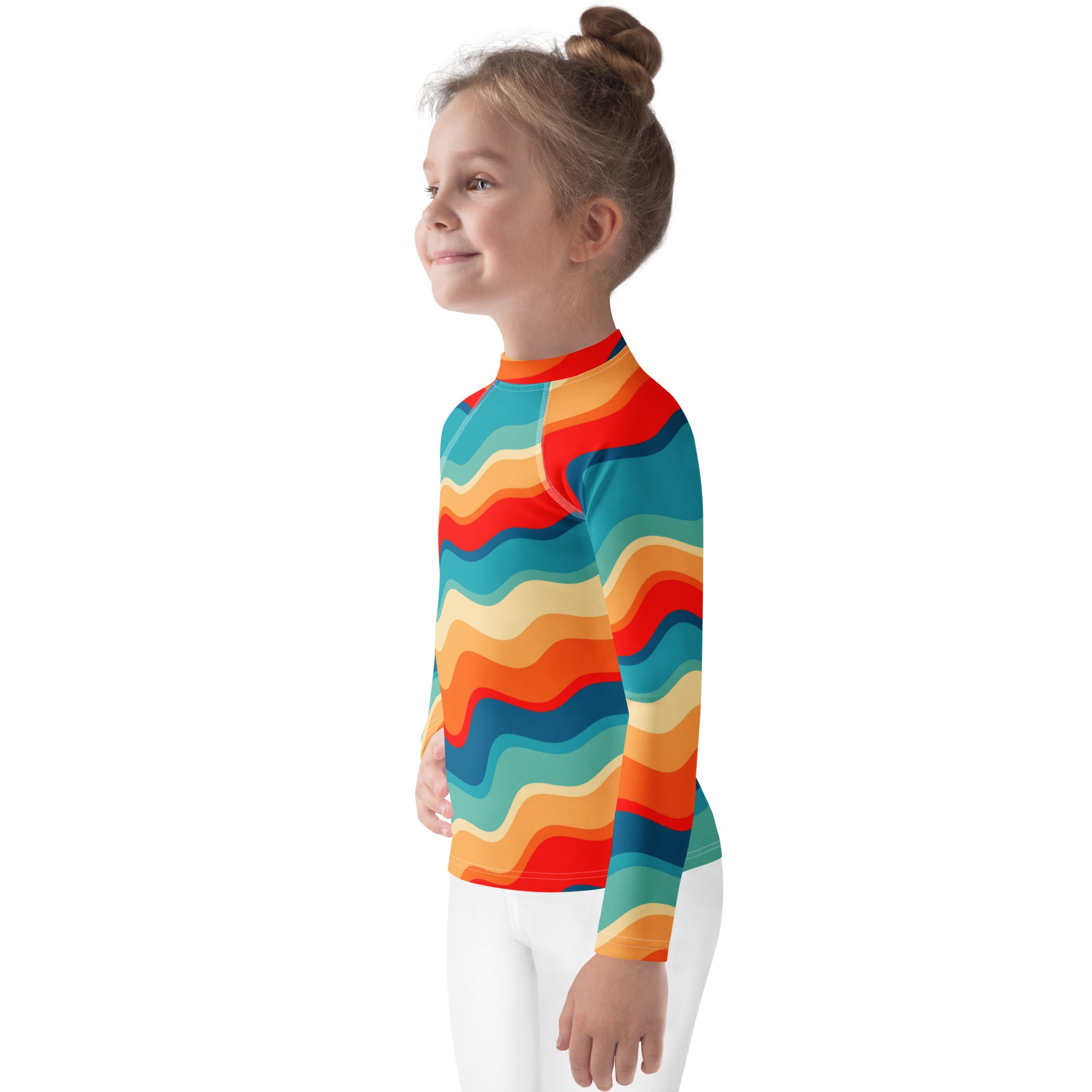 Kids Retro Sunset Waves Long Sleeve Rash Guard Swim Shirt – Buttery Soft, Sun Safe UPF 50+ Protection, Quick Dry & 4-Way Stretch Comfort