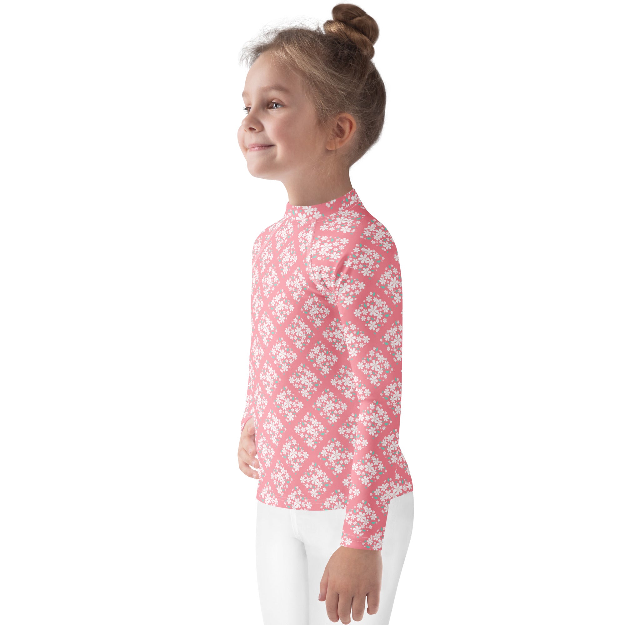 Girls Pink Blossom Squares Long Sleeve Rash Guard Swim Shirt – Buttery Soft, Sun Safe UPF 50+ Protection, Quick Dry & 4-Way Stretch Comfort