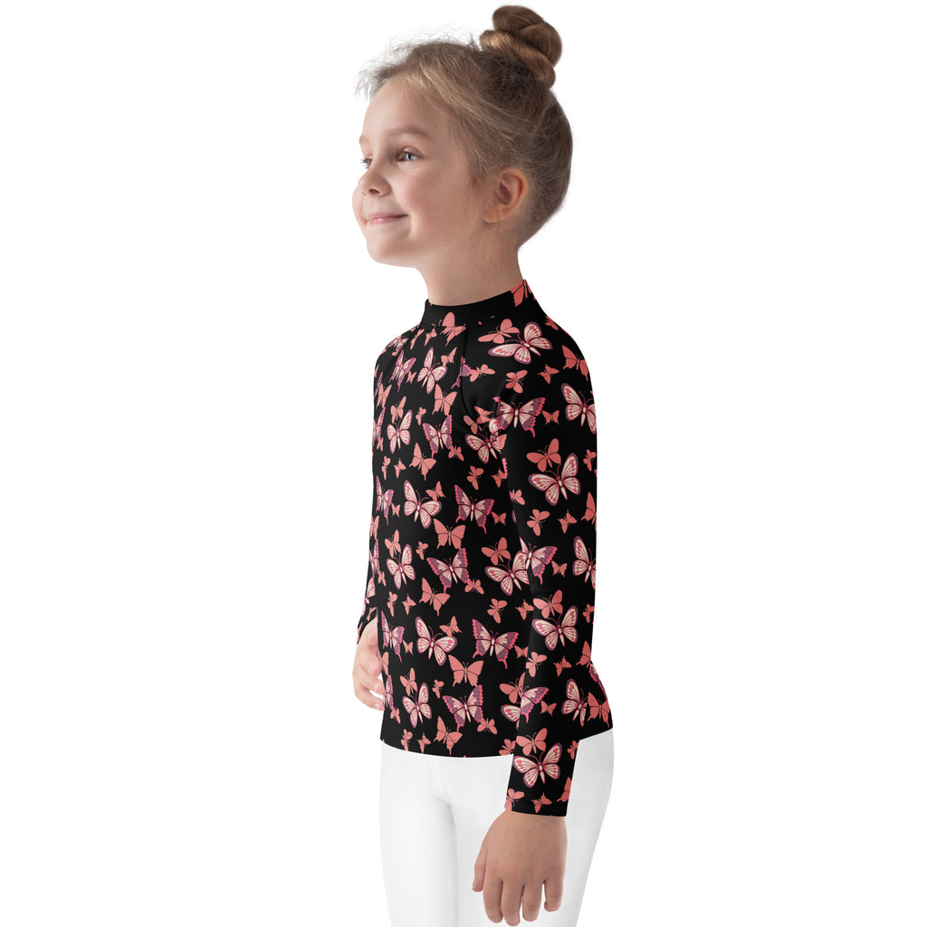 Girls Pink Butterfly Long Sleeve Rash Guard Swim Shirt – Buttery Soft, Sun Safe UPF 50+ Protection, Quick Dry & 4-Way Stretch Comfort
