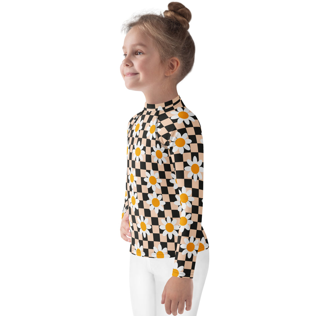 Girls Daisy Checkerboard Long Sleeve Rash Guard Swim Shirt – Buttery Soft, Sun Safe UPF 50+ Protection, Quick Dry & 4-Way Stretch Comfort