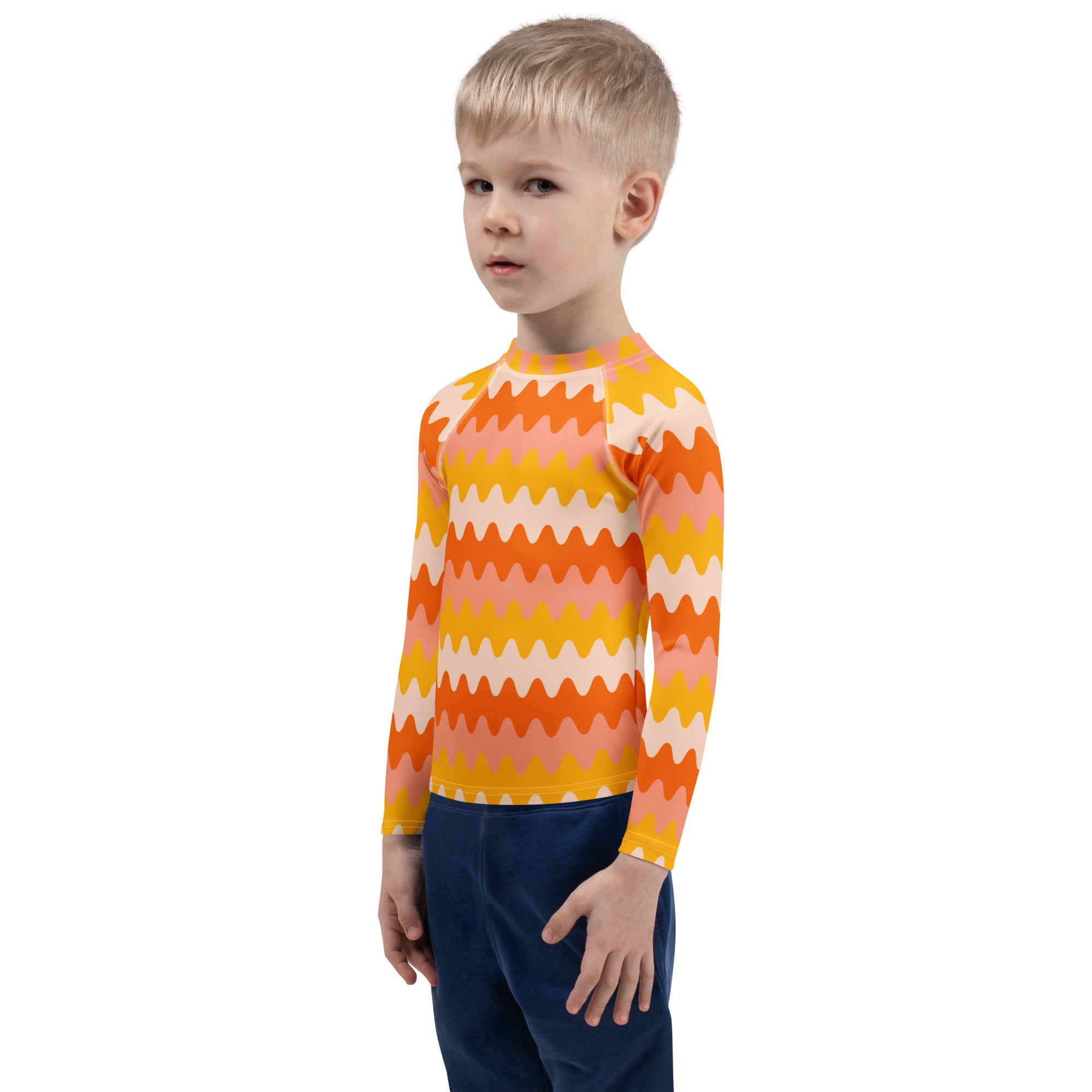 Kids Retro Sunset Waves Long Sleeve Rash Guard Swim Shirt – Buttery Soft, Sun Safe UPF 50+ Protection, Quick Dry & 4-Way Stretch Comfort