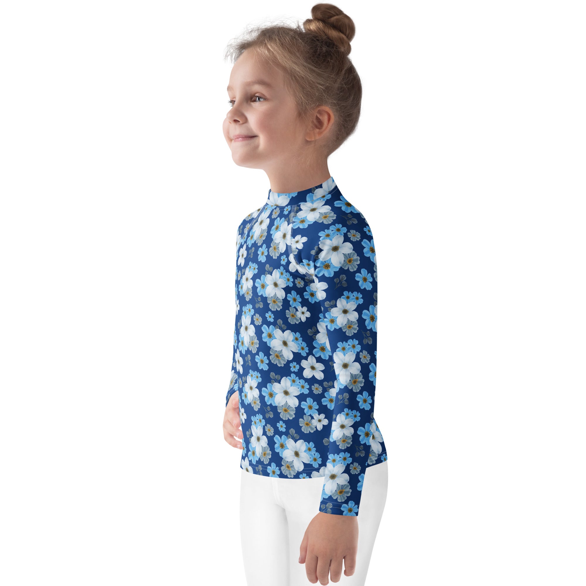 Kids Blue Wildflower Garden Long Sleeve Rash Guard Swim Shirt – Buttery Soft, Sun Safe UPF 50+ Protection, Quick Dry & 4-Way Stretch Comfort