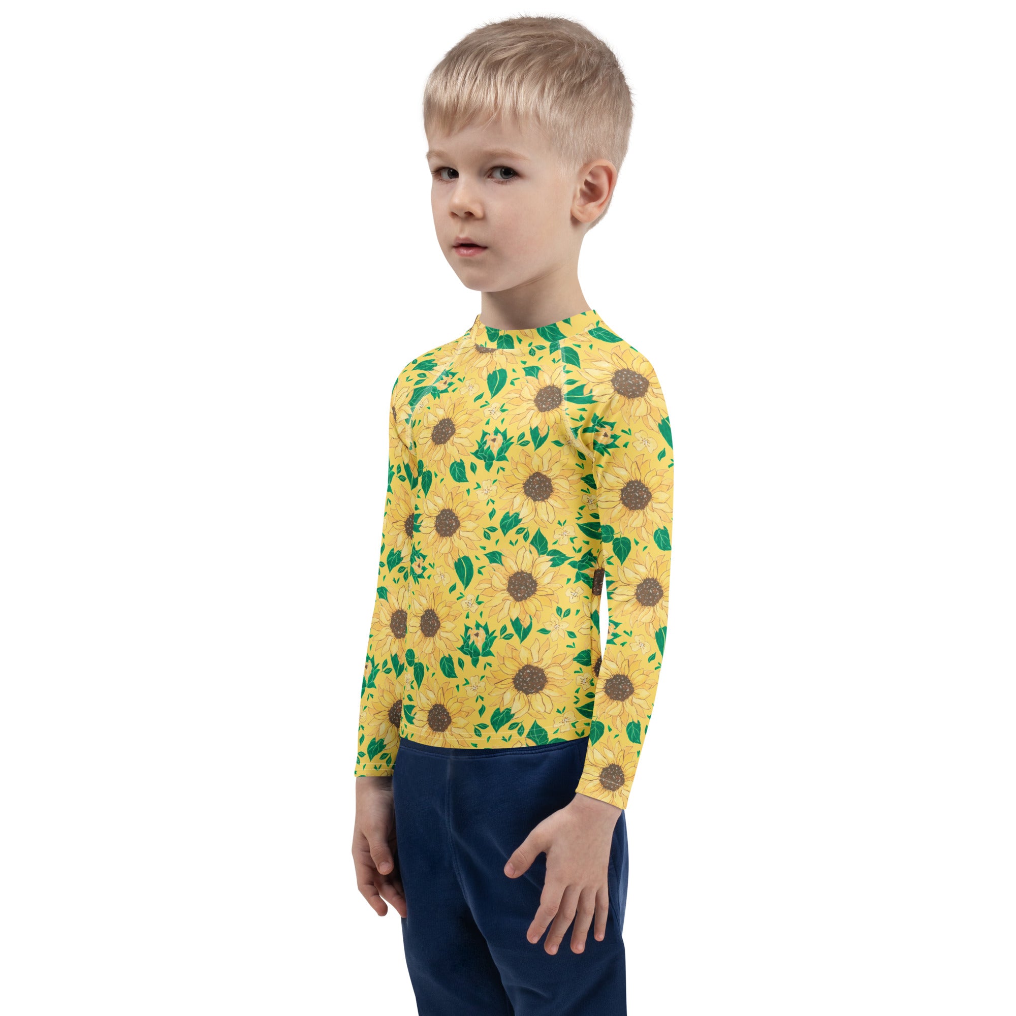 Kids Golden Sunflower Long Sleeve Rash Guard Swim Shirt – Buttery Soft, Sun Safe UPF 50+ Protection, Quick Dry & 4-Way Stretch Comfort