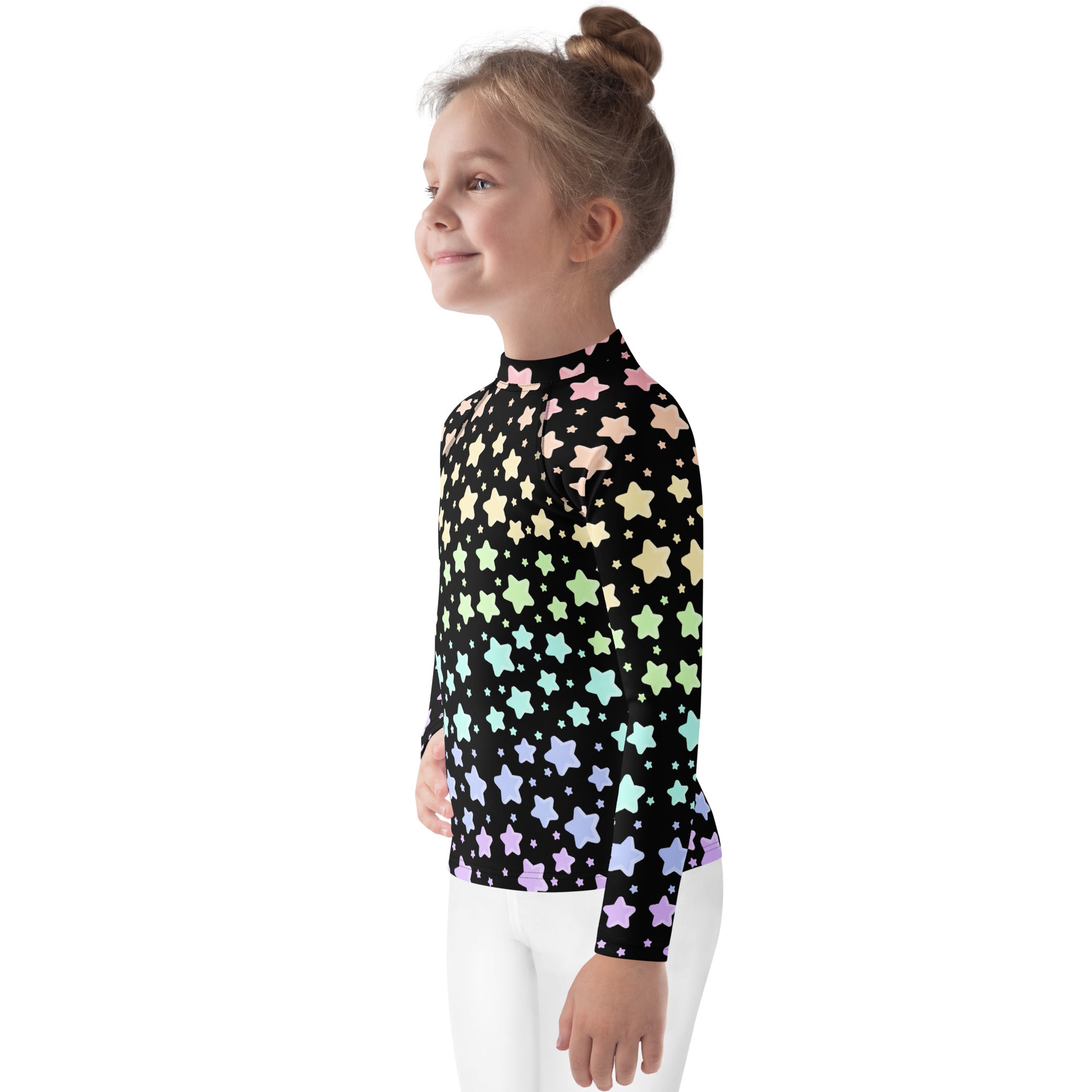 Kids Pastel Rainbow Stars Long Sleeve Rash Guard Swim Shirt – Buttery Soft, Sun Safe UPF 50+ Protection, Quick Dry & 4-Way Stretch Comfort