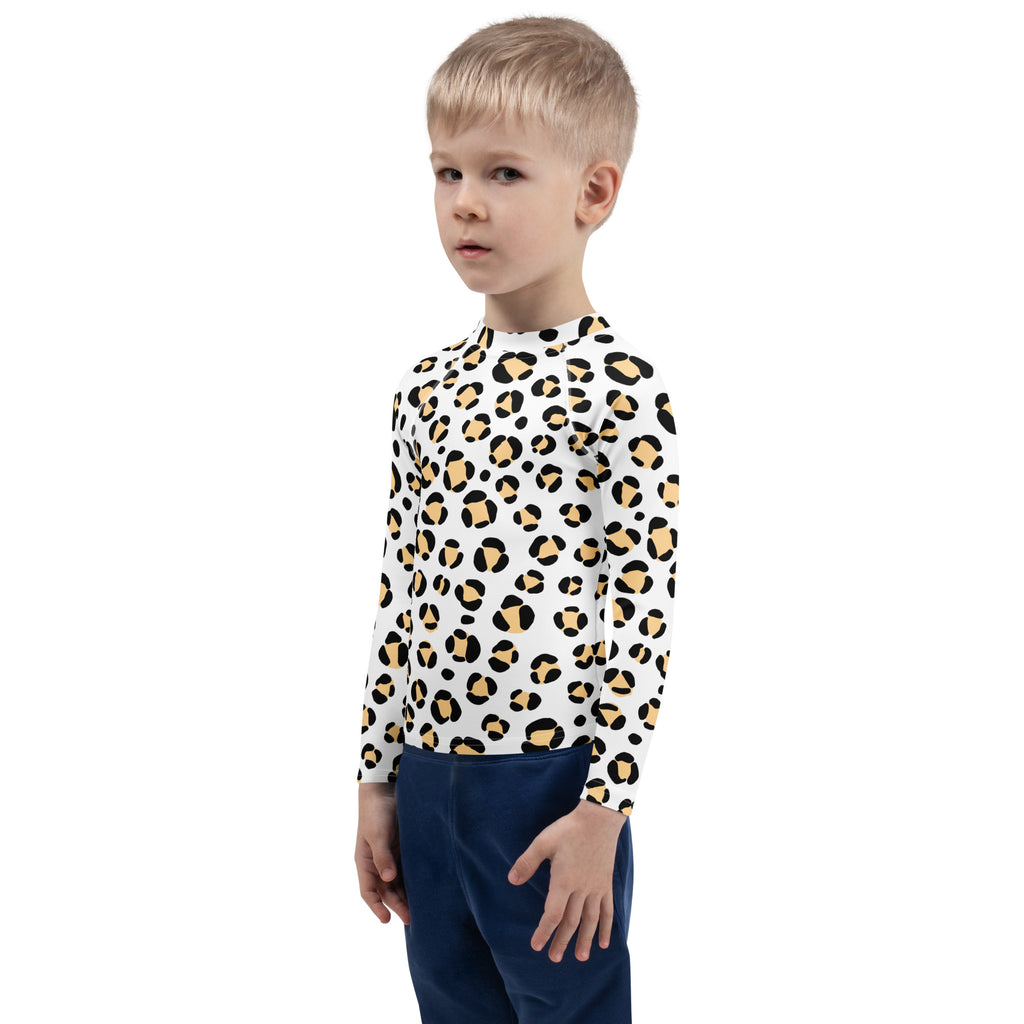 Kids Yellow Snow Leopard Long Sleeve Rash Guard Swim Shirt – Buttery Soft, Sun Safe UPF 50+ Protection, Quick Dry & 4-Way Stretch Comfort