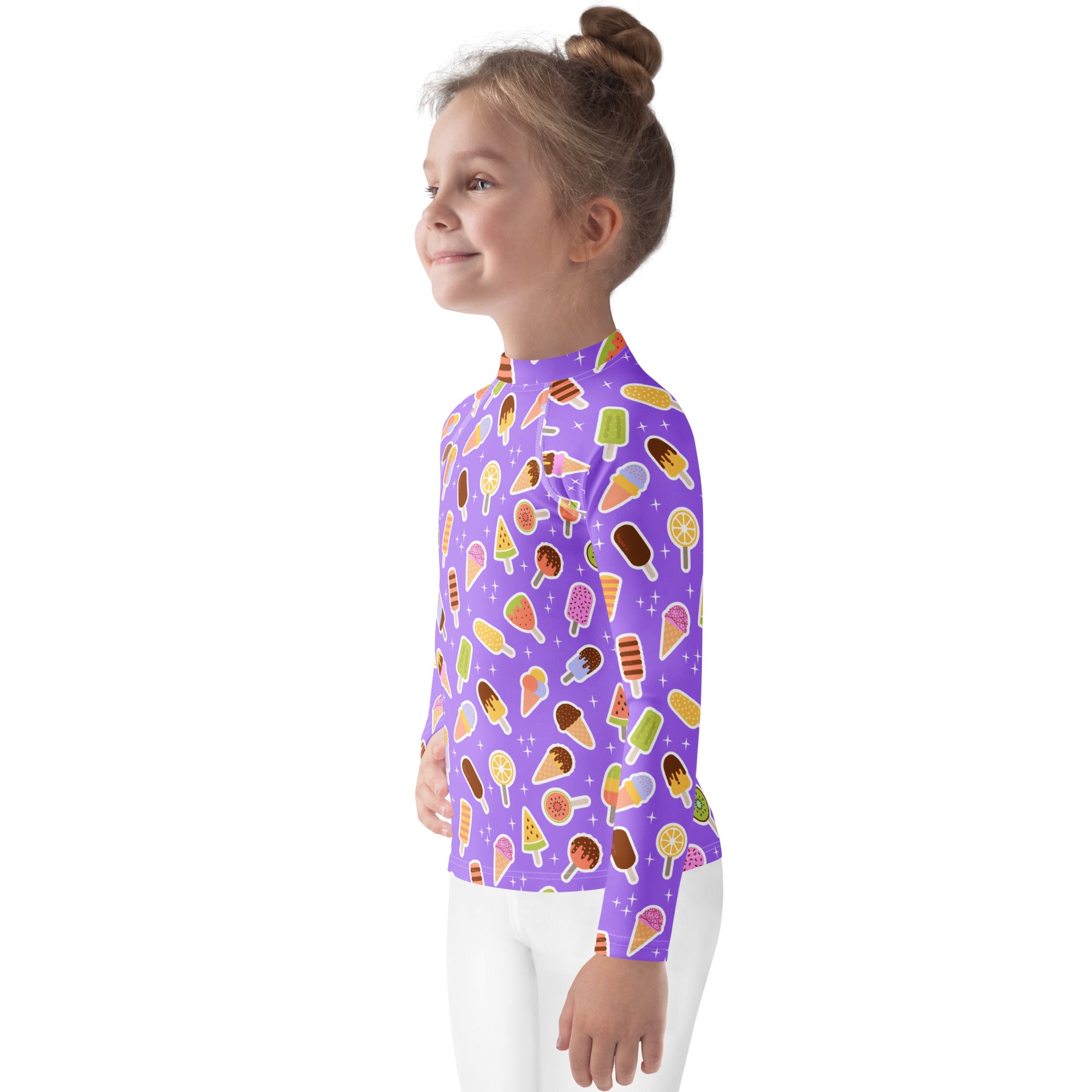 Kids Purple Ice Cream & Popsicle Long Sleeve Rash Guard Swim Shirt – Buttery Soft, Sun Safe UPF 50+ Protection, Quick Dry & 4-Way Stretch Comfort