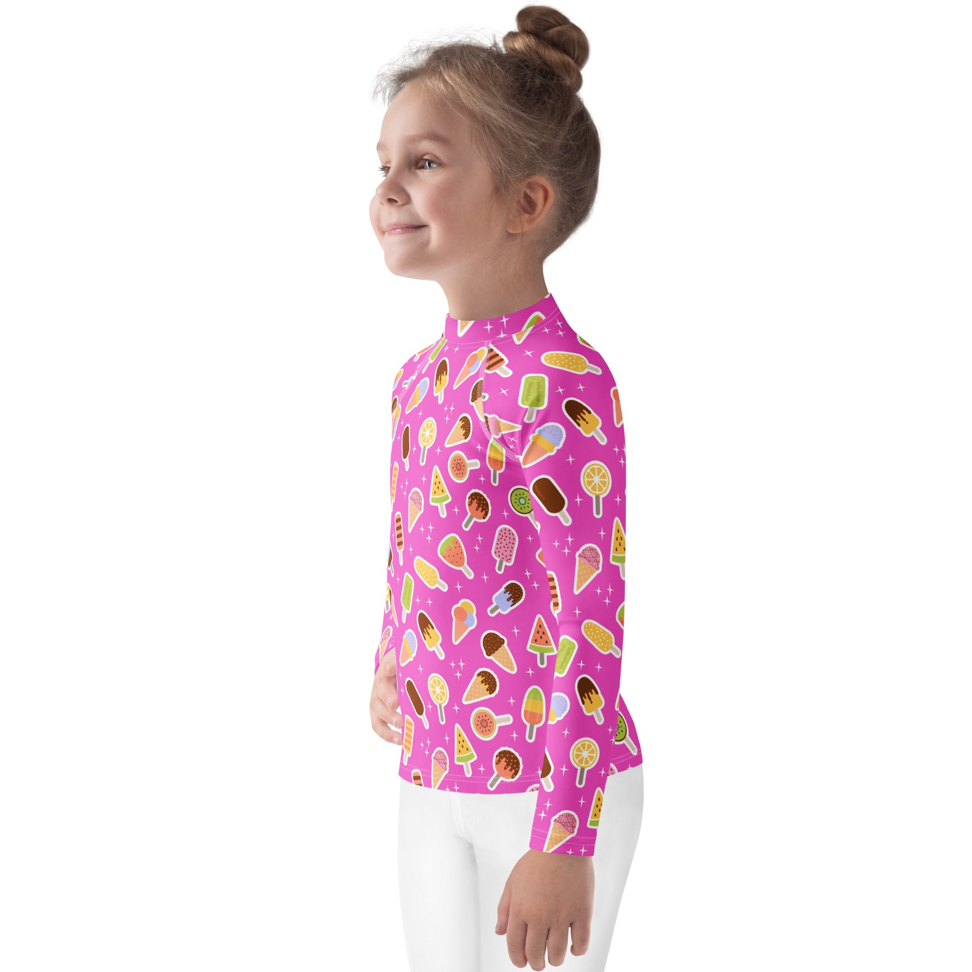 Kids Pink Ice Cream & Popsicle Long Sleeve Rash Guard Swim Shirt – Buttery Soft, Sun Safe UPF 50+ Protection, Quick Dry & 4-Way Stretch Comfort