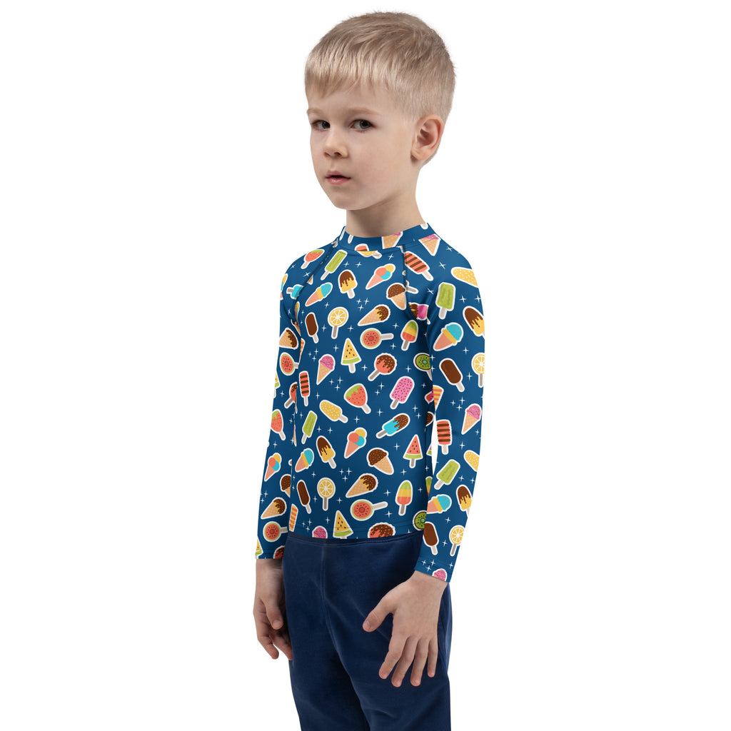 Kids Blue Ice Cream & Popsicle Long Sleeve Rash Guard Swim Shirt – Buttery Soft, Sun Safe UPF 50+ Protection, Quick Dry & 4-Way Stretch Comfort