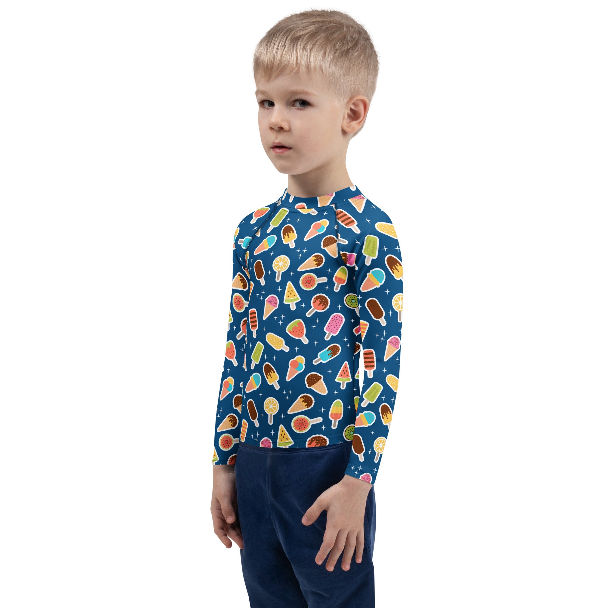Kids Blue Ice Cream & Popsicle Long Sleeve Rash Guard Swim Shirt – Buttery Soft, Sun Safe UPF 50+ Protection, Quick Dry & 4-Way Stretch Comfort