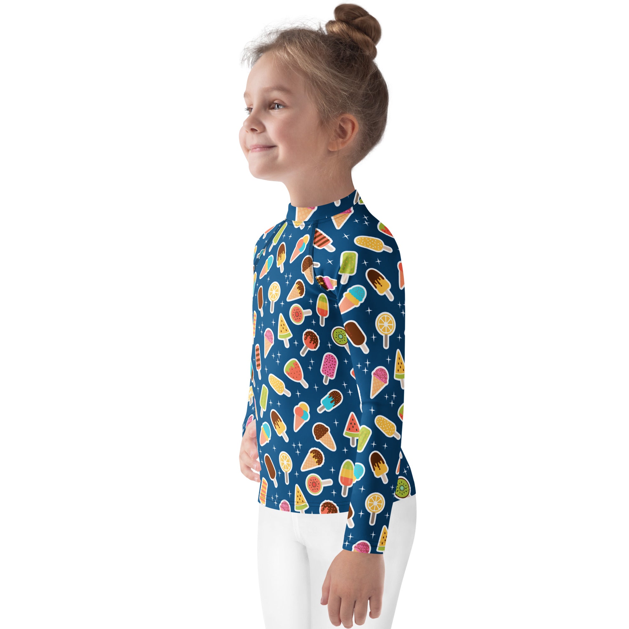 Kids Blue Ice Cream & Popsicle Long Sleeve Rash Guard Swim Shirt – Buttery Soft, Sun Safe UPF 50+ Protection, Quick Dry & 4-Way Stretch Comfort