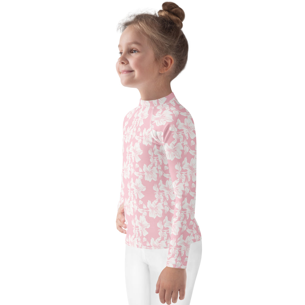 Girls Pink Tropical Hibiscus Long Sleeve Rash Guard Swim Shirt – Buttery Soft, Sun Safe UPF 50+ Protection, Quick Dry & 4-Way Stretch Comfort