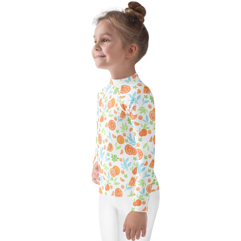 Kids Watercolor Citrus Orange Long Sleeve Rash Guard Swim Shirt – Buttery Soft, Sun Safe UPF 50+ Protection, Quick Dry & 4-Way Stretch Comfort