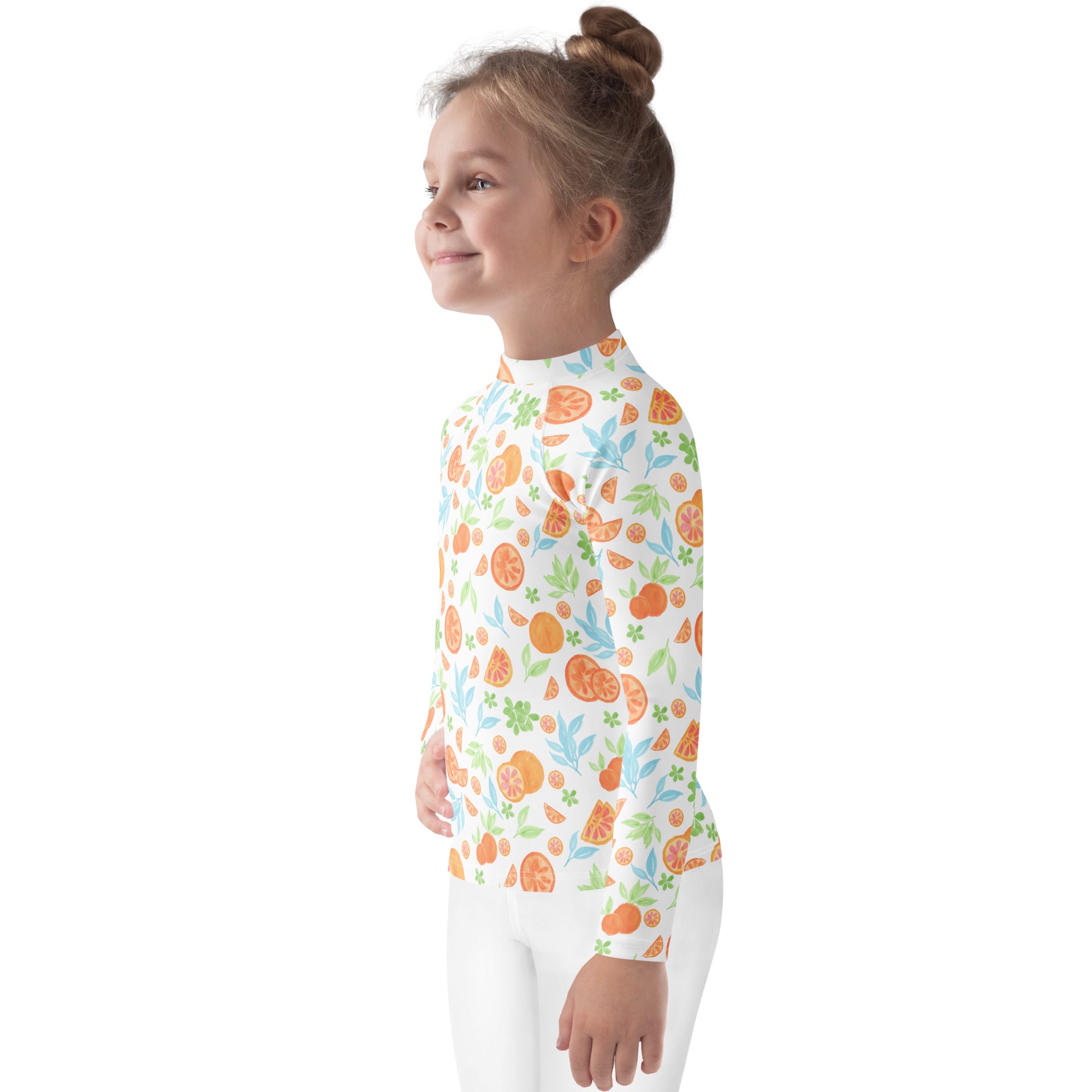 Kids Watercolor Citrus Orange Long Sleeve Rash Guard Swim Shirt – Buttery Soft, Sun Safe UPF 50+ Protection, Quick Dry & 4-Way Stretch Comfort