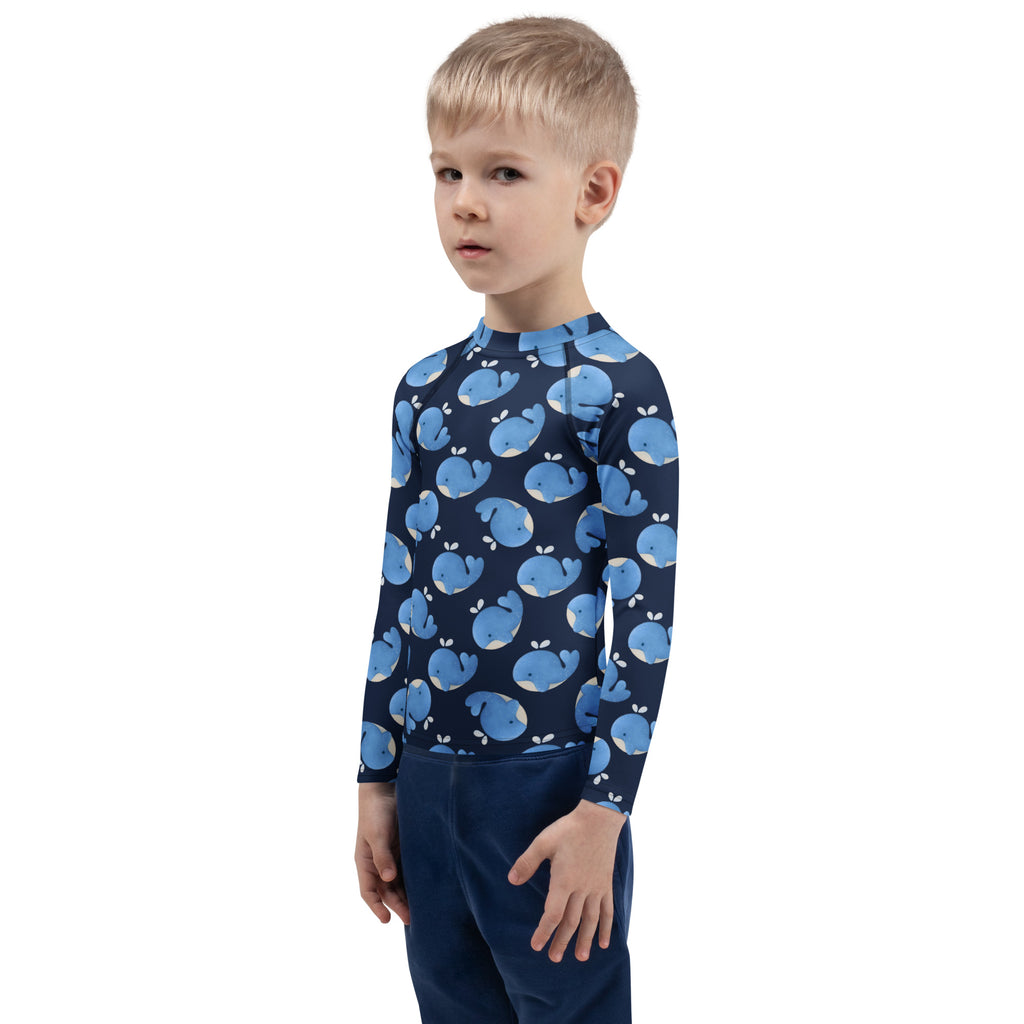 Kids Blue Whale Long Sleeve Rash Guard Swim Shirt – Buttery Soft, Sun Safe UPF 50+ Protection, Quick Dry & 4-Way Stretch Comfort