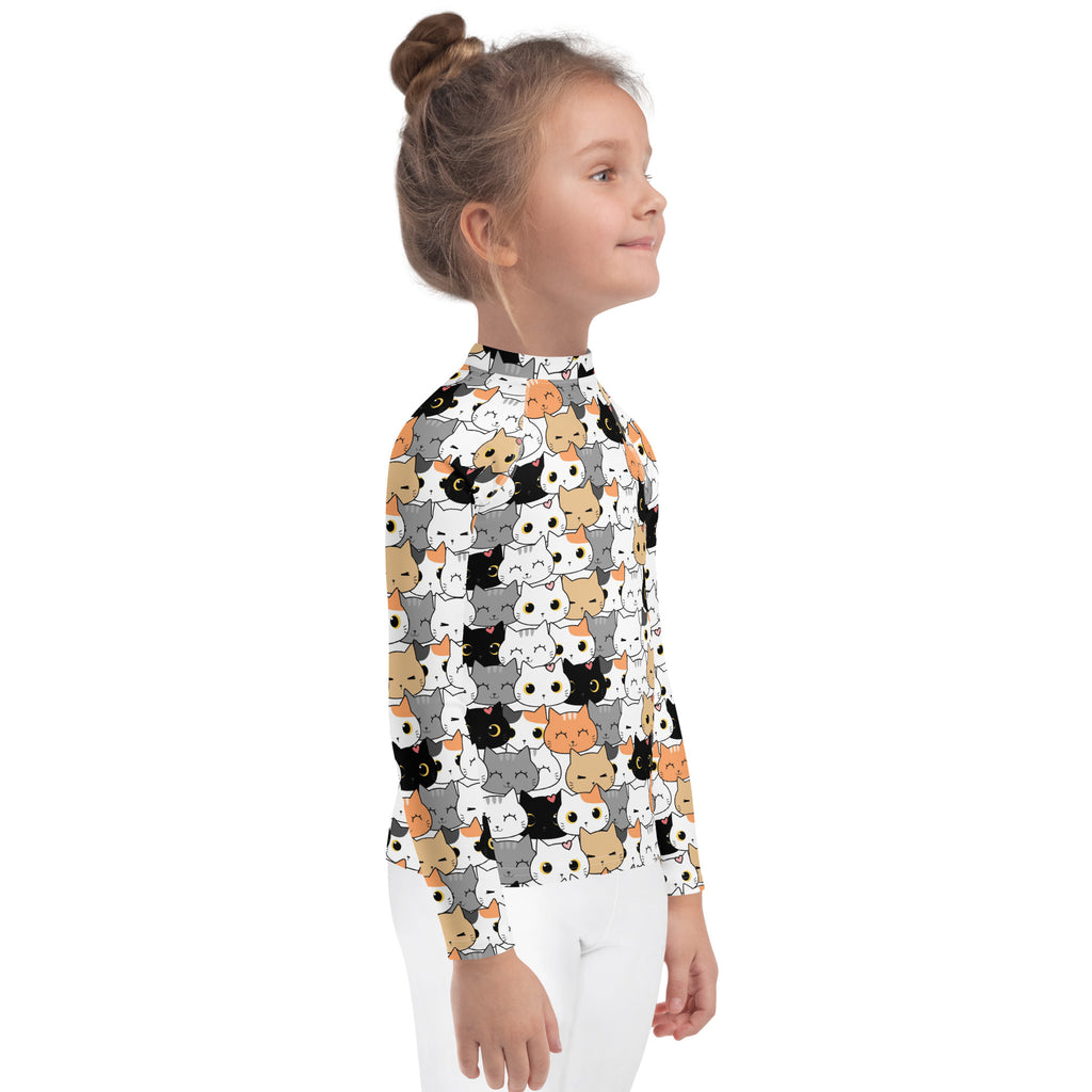 Girls Cat Face Long Sleeve Rash Guard Swim Shirt With UPF 50+