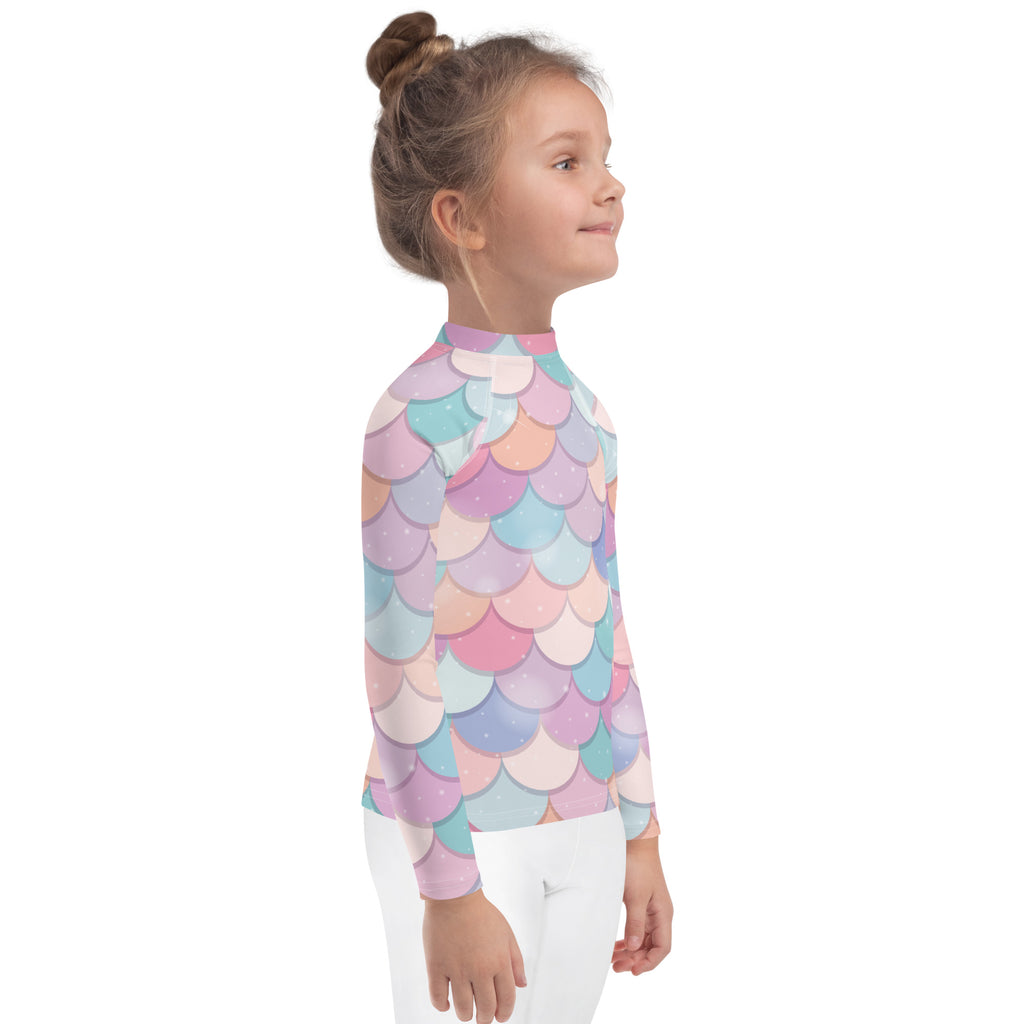 Girls Rainbow Mermaid Scales Long Sleeve Rash Guard Swim Shirt With UPF 50+